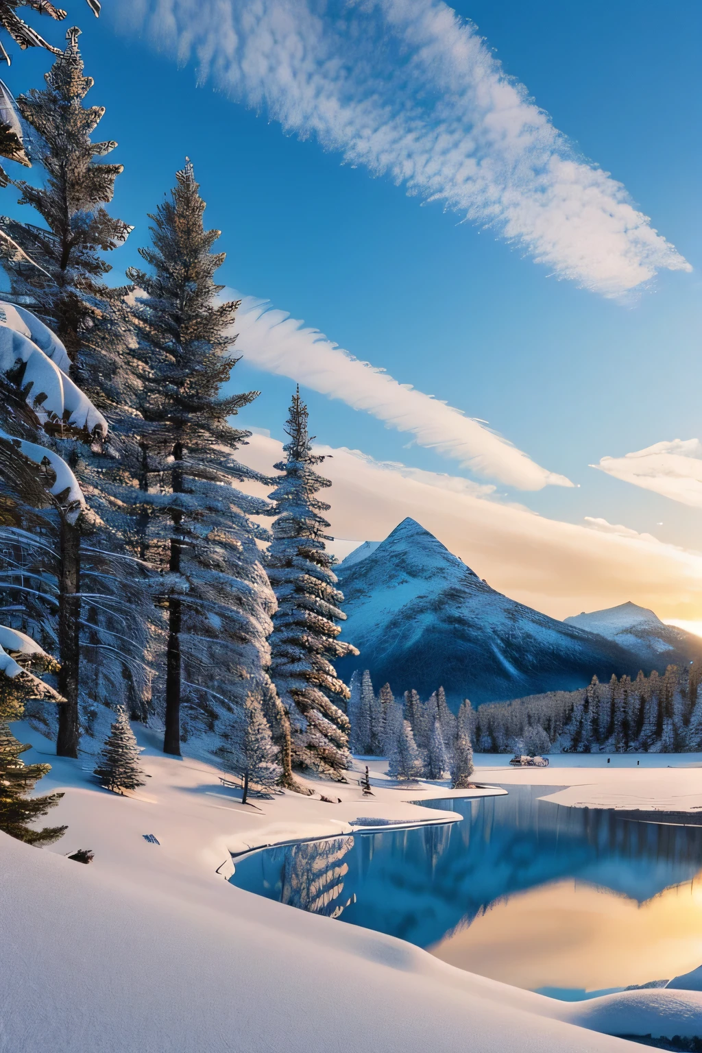 a snow-covered mountain landscape, dramatic snowy mountains, majestic snow-capped peaks, serene frozen lake, dense pine forest, brilliant blue sky, dramatic lighting, warm golden hour lighting, atmospheric mist, photorealistic, highly detailed, cinematic composition, 8K, HDR, ultra-detailed, professional 3D rendering, realistic snow textures, crystal clear ice, lush greenery, vivid colors, stunning natural beauty