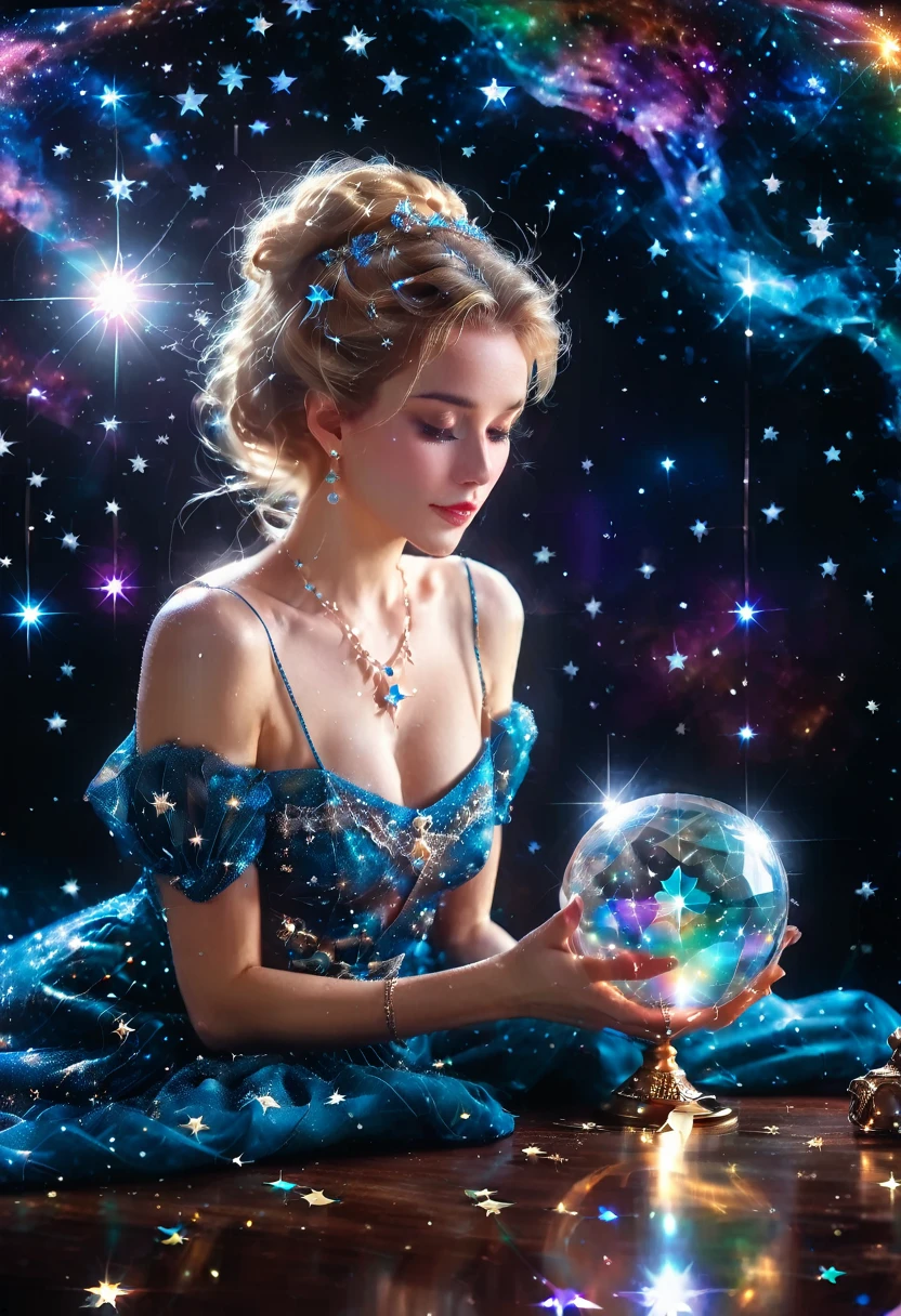 a extreme close up facial picture of an astrologist who divine the future from the stars, an extraordinary beautiful woman, divining the future from the stars, there is magic in her eyes, the ((her eyes are deep blue filled with stars: 1.5)) ladyshadow, blond hair color, dynamic hair style, wearing an intricate dress, necklace made from diamonds in the shape of stars, she sits near a table, seeing the future in the stars, (holding a crystal ball filled with stars: 1.2) ladyshadow,  , dynamic clothing, dynamic background, vibrant, Ultra-high resolution, High Contrast, (masterpiece:1.5), highest quality, Best aesthetics), best details, best quality, highres, 16k, [ultra detailed], masterpiece, best quality, (extremely detailed), Shiny..., ladyshadow, diam0nd, magical sky