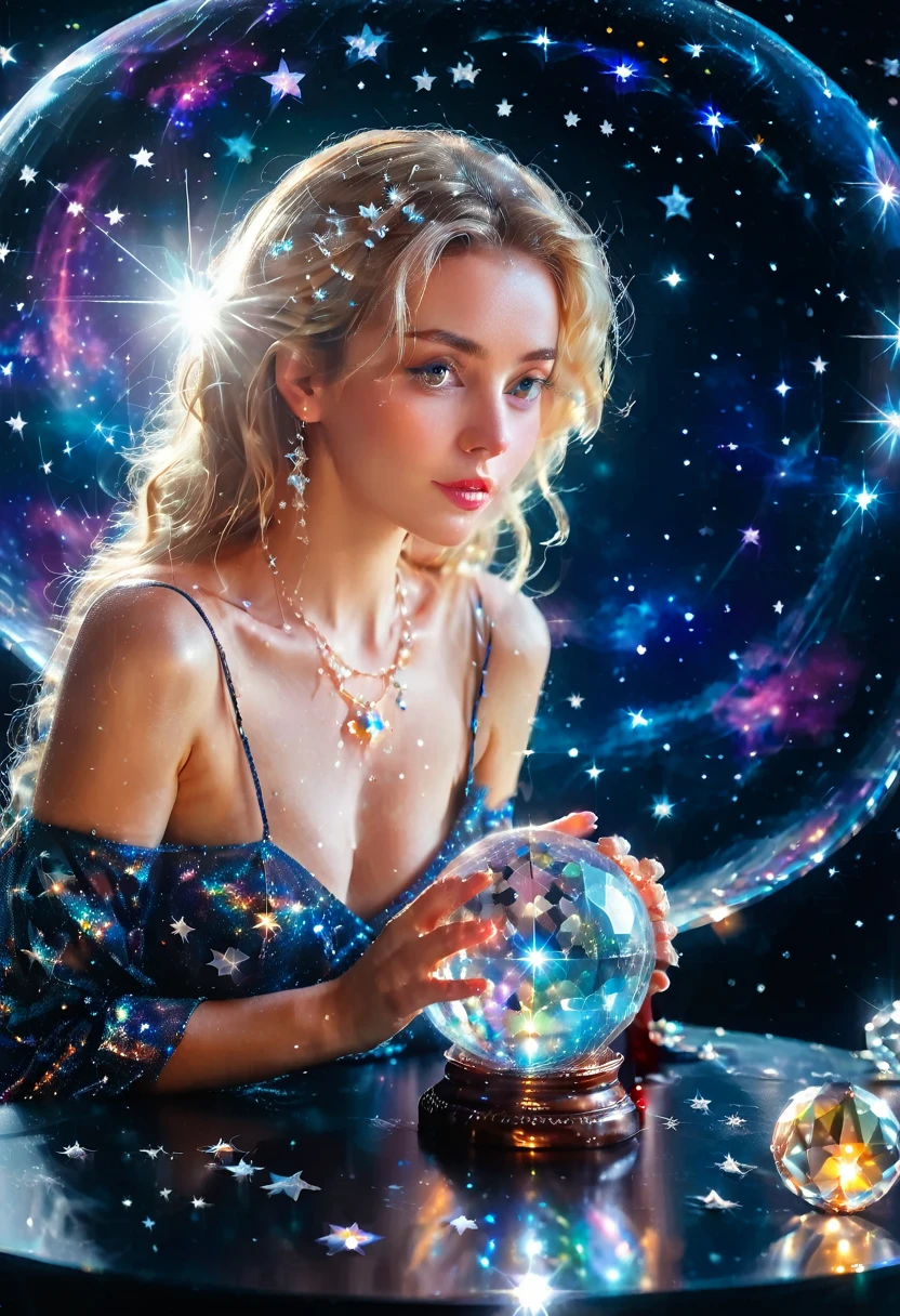 a extreme close up facial picture of an astrologist who divine the future from the stars, an extraordinary beautiful woman, divining the future from the stars, there is magic in her eyes, the ((her eyes are deep blue filled with stars: 1.5)) ladyshadow, blond hair color, dynamic hair style, wearing an intricate dress, necklace made from diamonds in the shape of stars, she sits near a table, seeing the future in the stars, (holding a crystal ball filled with stars: 1.2) ladyshadow,  , dynamic clothing, dynamic background, vibrant, Ultra-high resolution, High Contrast, (masterpiece:1.5), highest quality, Best aesthetics), best details, best quality, highres, 16k, [ultra detailed], masterpiece, best quality, (extremely detailed), Shiny..., ladyshadow, diam0nd, magical sky