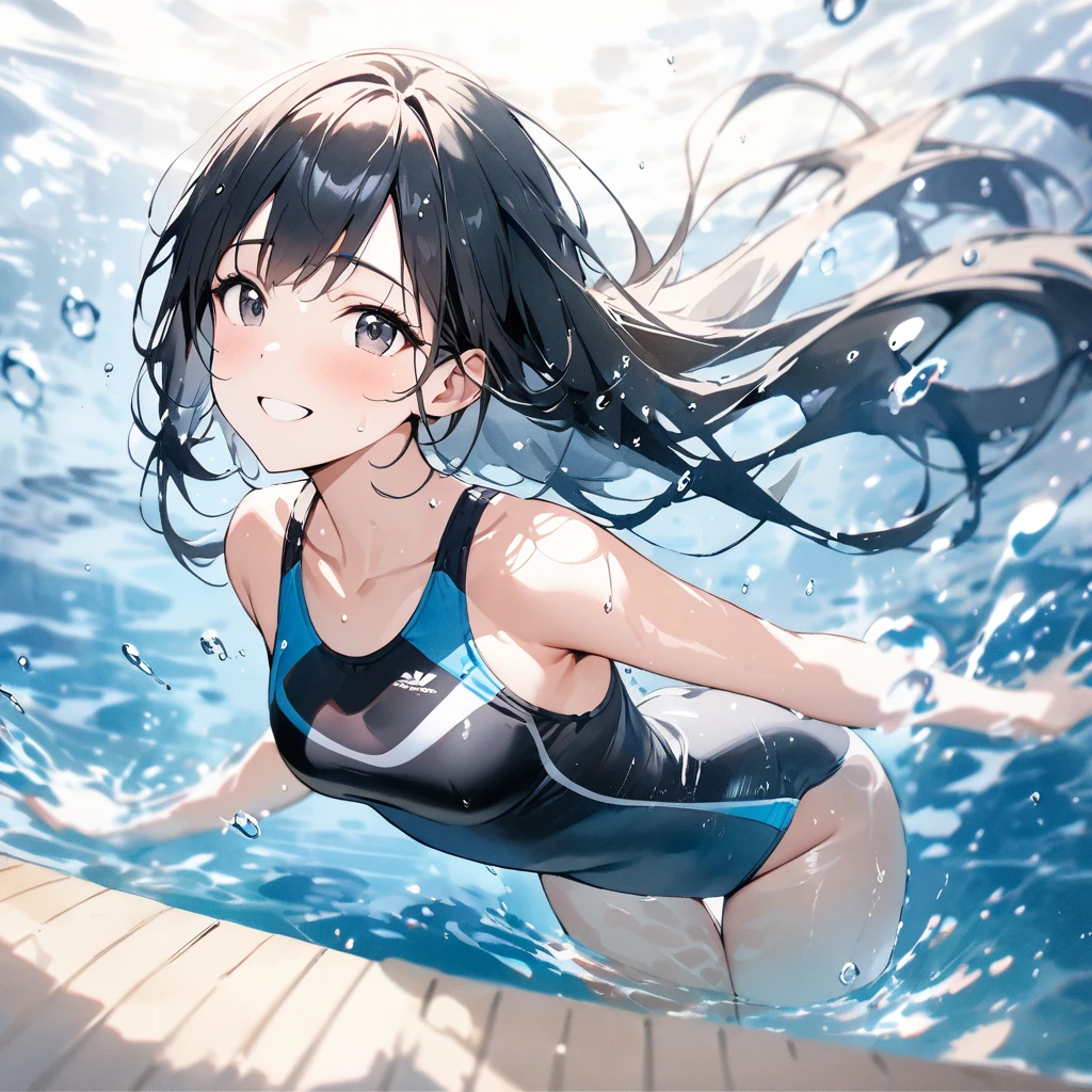 Top quality, masterpiece, watercolor painting, long black hair, black eyes, competitive swimsuit, glowing water drops, double exposure, swimming in the pool, splashes, best smile, light reflections on the water surface