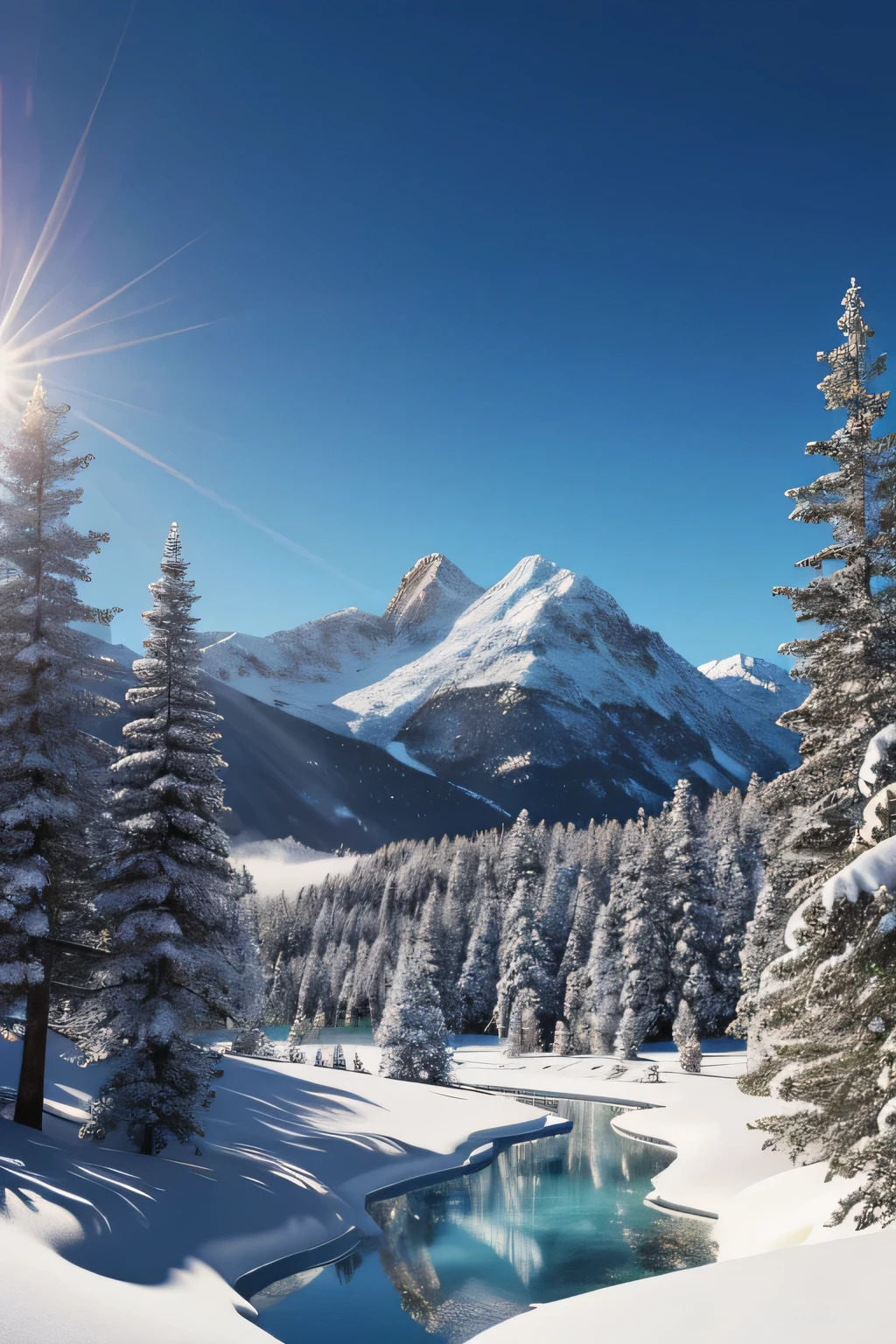 a snow-covered mountain landscape, dramatic snowy mountains, majestic snow-capped peaks, serene frozen lake, dense pine forest, brilliant blue sky, dramatic lighting, warm golden hour lighting, atmospheric mist, photorealistic, highly detailed, cinematic composition, 8K, HDR, ultra-detailed, professional 3D rendering, realistic snow textures, crystal clear ice, lush greenery, vivid colors, stunning natural beauty
