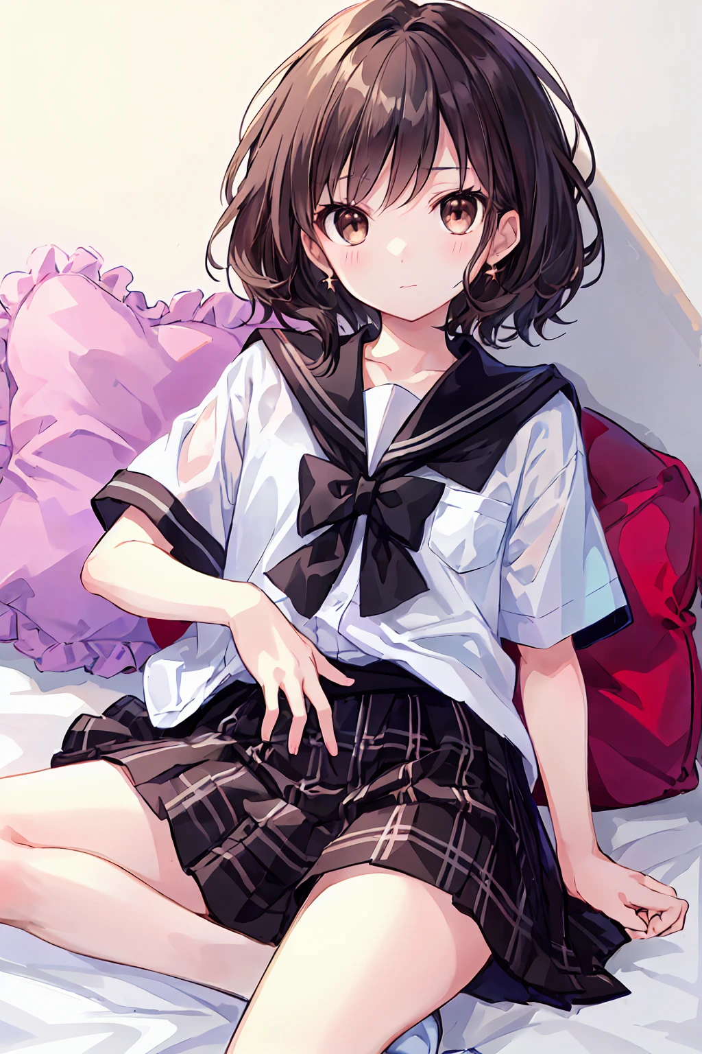(child),Highest quality,Beautiful face in every detail,cute,Dark brown eyes,(背の低いcute女の子,Little young student,Young and delicate girl),(masterpiece,Highest quality),Black Hair,Sleepy look,Short sleeve white shirt,Plaid white skirt,Pathetic,Pathetic,Pathetic,Underwear is visible,Anatomically correct