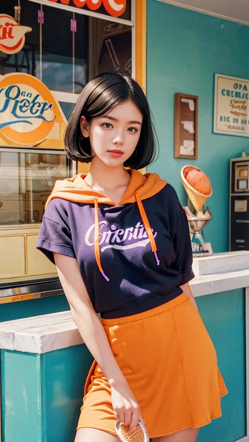 35mm Vintage photo of long shot portrait of cute 23 yo girl ,(perfect natural breast),wear ((orange color oversized hoodie)), wear ((purple tennis skirt)),looking viewer,Best Quality,Masterpiece,Ultra High Resolution,(Realisticity:1.4),Original Photo, 1Girl, light leak,ultra high resolution,UHD,beautiful, (black bob hair), almond eye, no makeup, in front of (((A retro ice cream shop classic soda fountain counter, and vintage ice cream posters, bathed in bright sunlight))), (realistic:1.2), (surreal:1.3), (very detailed:1.1), ((masterpiece)),film camera, 800mm lens,style of ,beautiful face, (realistic face), (black hair, short hair:1.3), analog film photo, Kodachromea classic soda fountain counter, and vintage ice cream posters, bathed in bright sunlight
