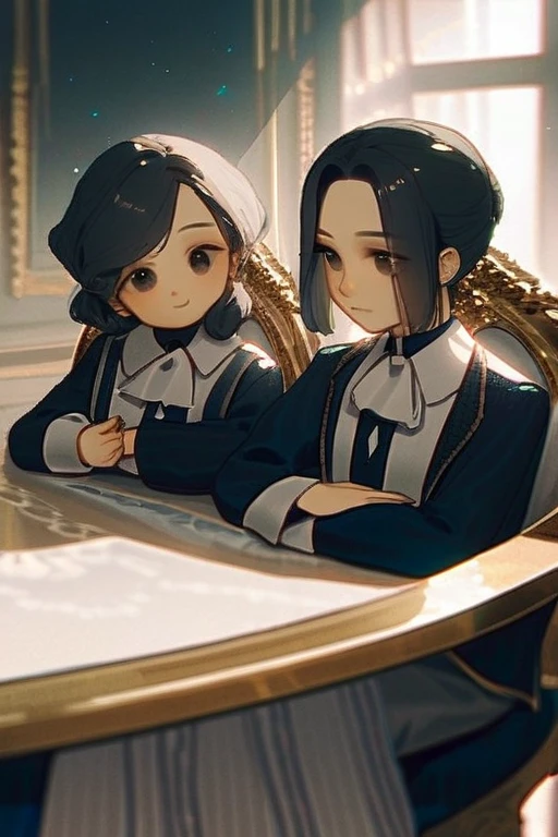 ((Лучшее качество)), ((шедевр)), (подробный), Two young girls are sitting on chairs