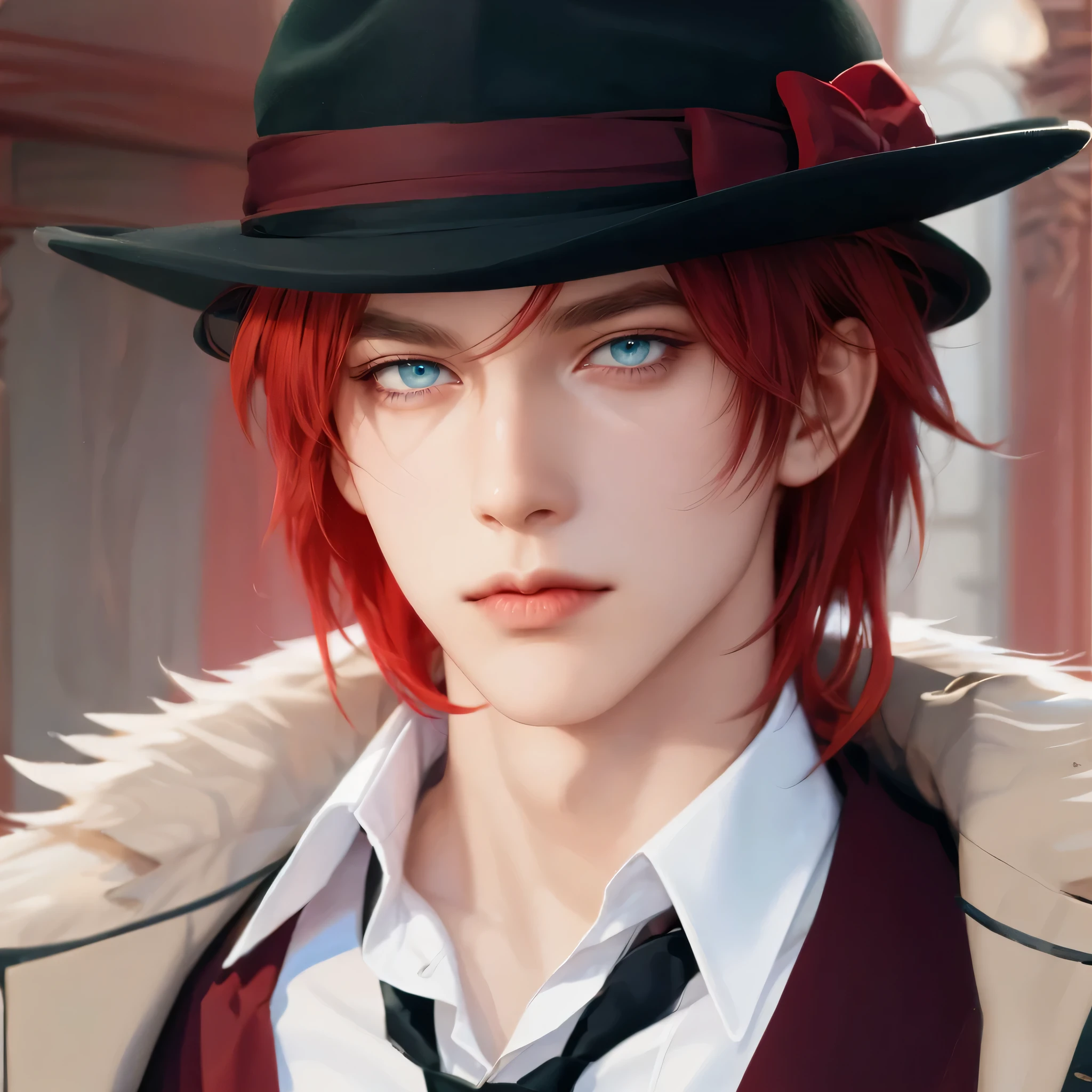 (masterpiece,best quality,ultra_detailed,highres,absurdres),1 mature male, 30-ish, (wide shoulder), (muscular), male focus, solo, red hair, chain, shirt, black necktie, necktie, simple background, green eyes, upper body, vest, long hair, looking at viewer, parted lips, collared shirt, round eyewear, long sleeves, black shirt, black vest, monocle, jewelry, lawyer, court background.