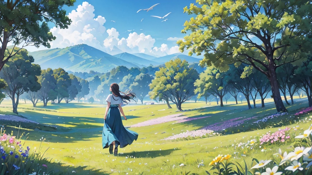 Refreshing grasslands, plateaus, trees swaying in the wind, refreshing blue skies, background only, flying dragons, beautiful flowers here and there