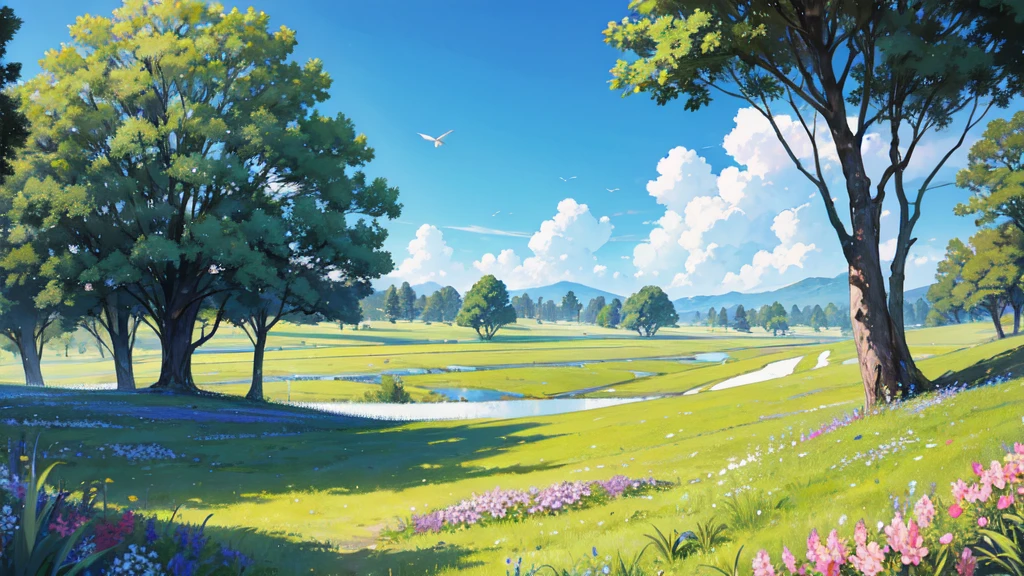 Refreshing grasslands, plateaus, trees swaying in the wind, refreshing blue skies, background only, flying dragons, beautiful flowers here and there