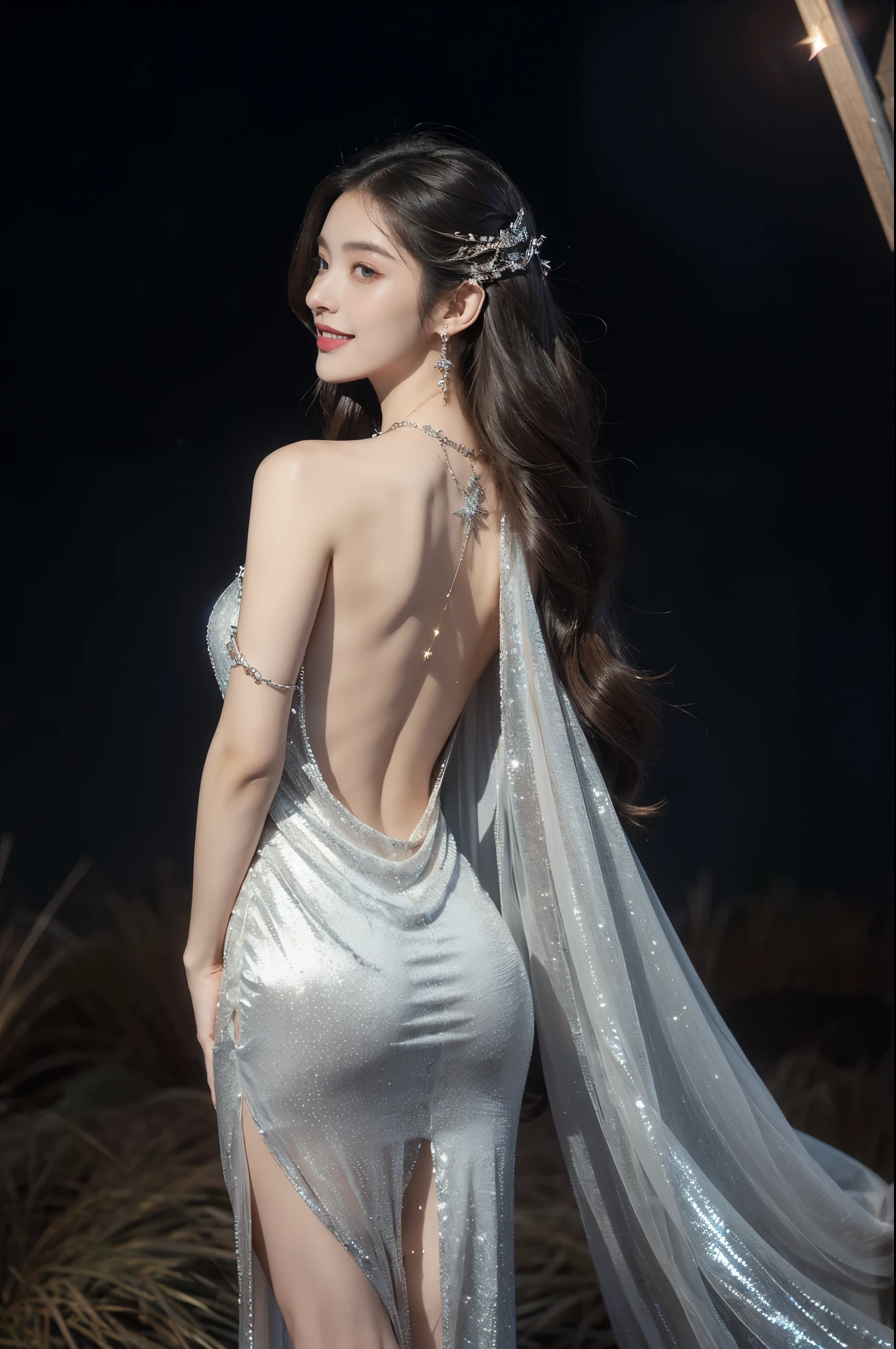 (((best quality))),(((ultra detailed))),(((masterpiece))),illustration,((A beautiful female astrologer,solo)),((slim,thin)),((bare back,towering hips,butt crack)),((shoulder length straight hair)),(laughing:1.2),(earrings,necklace),(sparkled sheer dress:1.3),standing beneath a magical summer night, stars twinkling in the velvety darkness,starry sky, sapphire eyes filled with wonder, flowing ethereal gown mimicking the stars, silver pendant shaped like a horoscope,serene smile and captivating gaze, celestial beauty and mystery, solace and inspiration in the vast expanse of the universe,((from back,upper body))