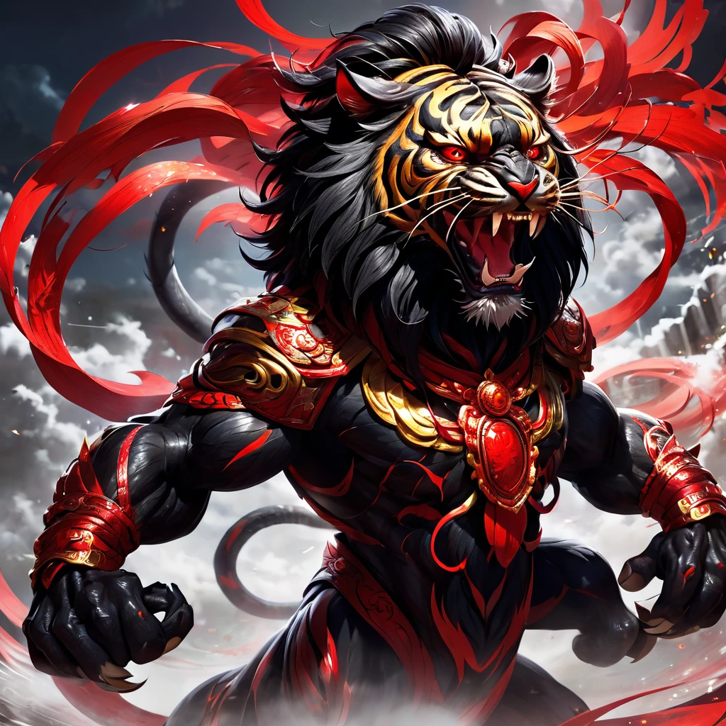 high resolution　high quality　Reality　Chinese legendary creatures　Divine Beast　Black Tiger　red　fierce々Shii　Intimidating　Intimidation　object of faith　Looming　metallic　　