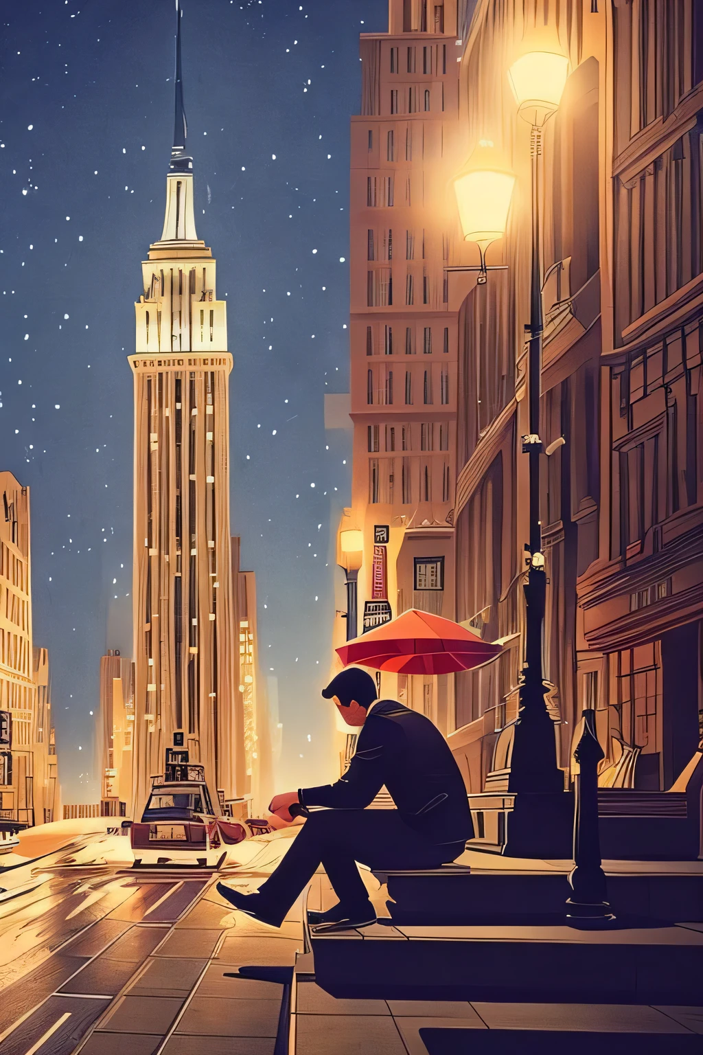 a man sitting on stairs appreciating the night view of new york city, detailed cityscape, detailed architecture, warm lighting, glowing city lights, cinematic, dramatic lighting, moody atmosphere, realistic, photorealistic, masterpiece, highres, best quality, 8k