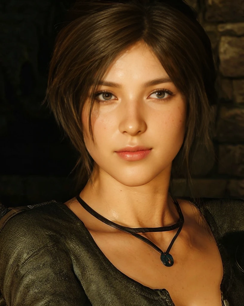 Lara Croft, brown eyes, (best quality, ultra-detailed), (realistic:1.37), beautiful and detailed face, ultra-realistic texture, delicate face, delicate body, red lipstick, bright colors. high definition, 8K, angy expression
