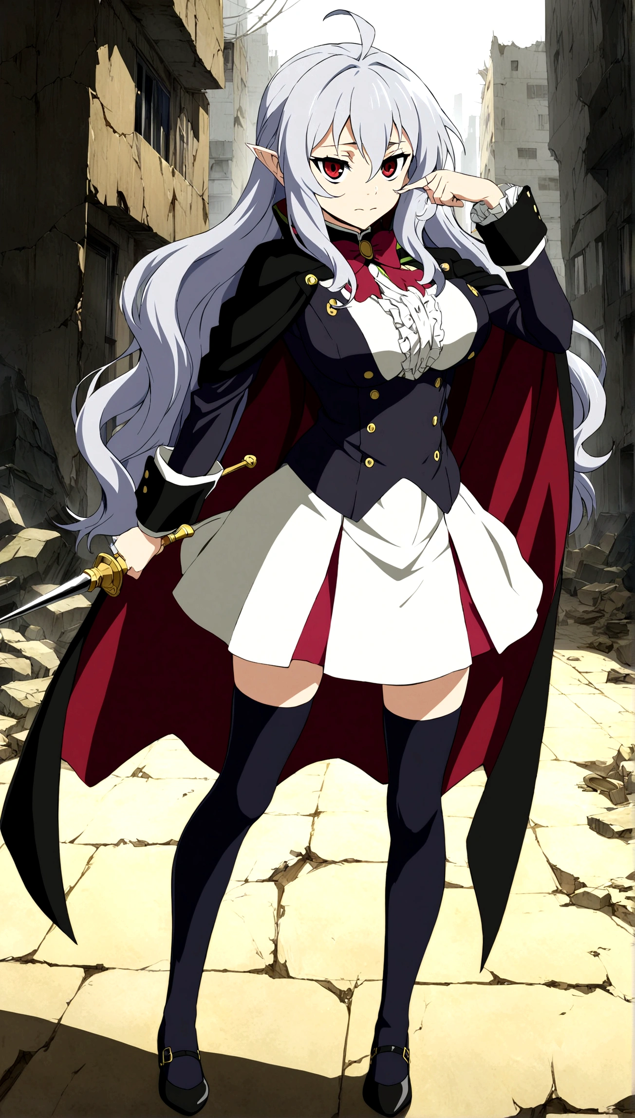 Anime. Owari no Seraph. 1 Girl. Dear . A vampire. Progenitor Clumsy. Silver hair. Wavy hair. Long hair. Red eyes. Beautiful eyes. Perfect eyes. Expressive eyes. Ideal face. Perfect body. Beautiful long ones. legs. Beautiful nose. 18 years. Big breasts. Standing. Full length Beautiful character design. Shiny skin. Cold. Runny nose. Nasal mucus. Snot. Wants to sneeze. She needs to sneeze. Strong, desperate desire to sneeze. She sneezes. She sneezes, covering her nose with her hands. Handkerchief. Blows his nose. Snot flows from the nose. Pointy ears. White dress. Vampire uniform dress from
Owari no Seraph. Black stockings. Heeled shoes. Rapier in right hand. Left hand with a handkerchief near the face. Ruins of Tokyo. Full body. NSF. Official art. Extremely detailed CG Unity 8k wallpaper. Ideal lighting. Ultra high resolution 4K. Super detailed 8K. A high resolution.