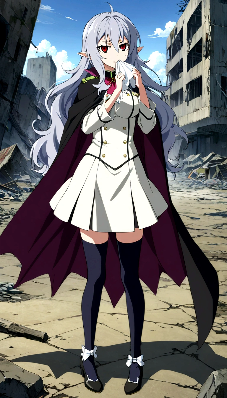 Anime. Owari no Seraph. 1 Girl. Dear . A vampire. Progenitor Clumsy. Silver hair. Wavy hair. Long hair. Red eyes. Beautiful eyes. Perfect eyes. Expressive eyes. Ideal face. Perfect body. Beautiful long ones. legs. Beautiful nose. 18 years. Big breasts. Standing. Full length Beautiful character design. Shiny skin. Cold. Runny nose. Nasal mucus. Snot. Wants to sneeze. She needs to sneeze. Strong, desperate desire to sneeze. She sneezes. She sneezes, covering her nose with her hands. Handkerchief. Blows his nose. Snot flows from the nose. Pointy ears. White dress. Vampire uniform dress from
Owari no Seraph. Black stockings. Heeled shoes. Rapier in right hand. Left hand with a handkerchief near the face. Ruins of Tokyo. Full body. NSF. Official art. Extremely detailed CG Unity 8k wallpaper. Ideal lighting. Ultra high resolution 4K. Super detailed 8K. A high resolution.