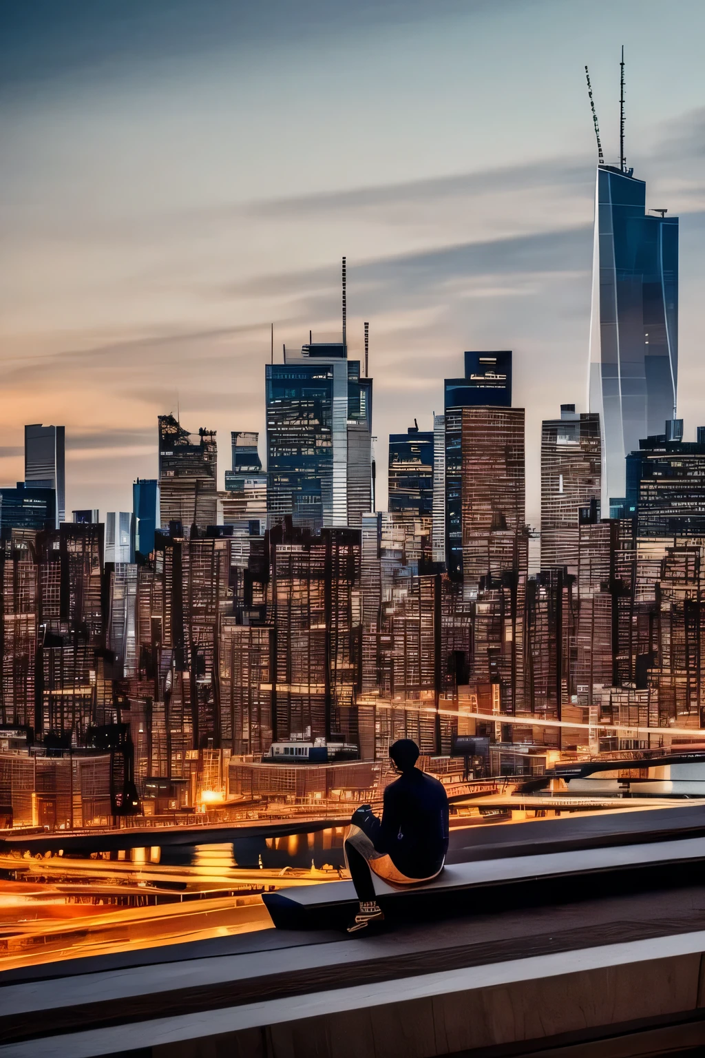 a man sitting on stairs appreciating the night view of new york city, detailed cityscape, detailed architecture, warm lighting, glowing city lights, cinematic, dramatic lighting, moody atmosphere, realistic, photorealistic, masterpiece, highres, best quality, 8k
