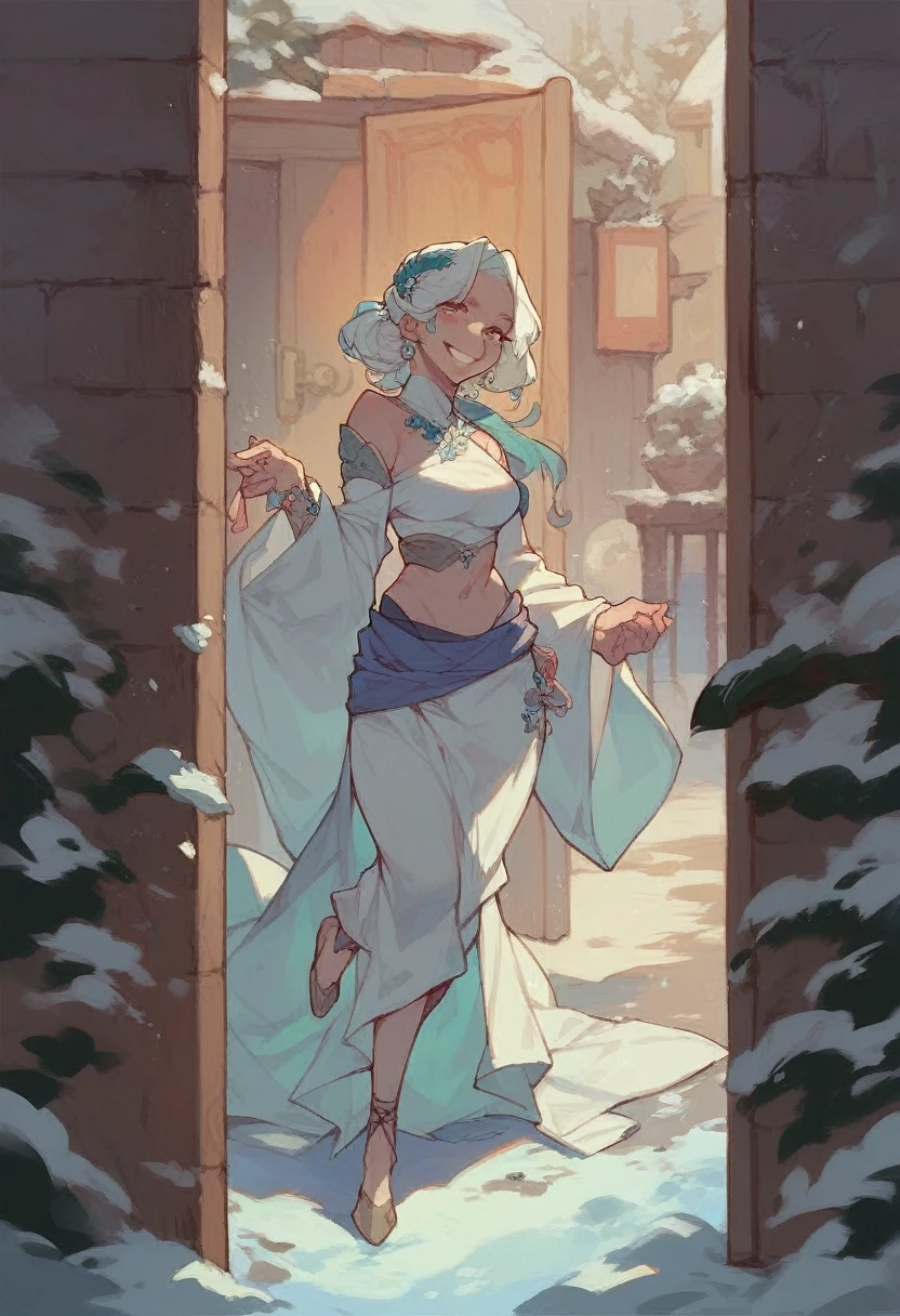 An elegant and intellectual classical Chinese woman, wearing a bellyband, standing at the door with a smile on her face, her skin is more radiant than snow, and her eyes are like a pool of clear water. There is a faint air of books.