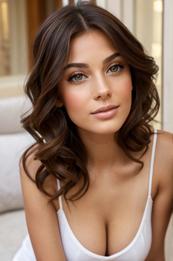 beautiful young woman, High quality. Twenty-seven year old woman. Short stature and thin body, with curves in the right places. wide, color chocolate, curly. heart shaped face, pretty little nose, big hazel eyes, and long, bushy eyelashes. Has slightly separated incisors, but that only increases the attractiveness of his kissable lips. In the background you can see the streets of Madrid.
