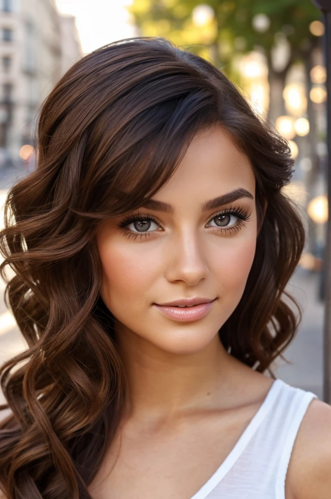beautiful young woman, High quality. Twenty-seven year old woman. Short stature and thin body, with curves in the right places. wide, color chocolate, curly. heart shaped face, pretty little nose, big hazel eyes, and long, bushy eyelashes. Has slightly separated incisors, but that only increases the attractiveness of his kissable lips. In the background you can see the streets of Madrid.