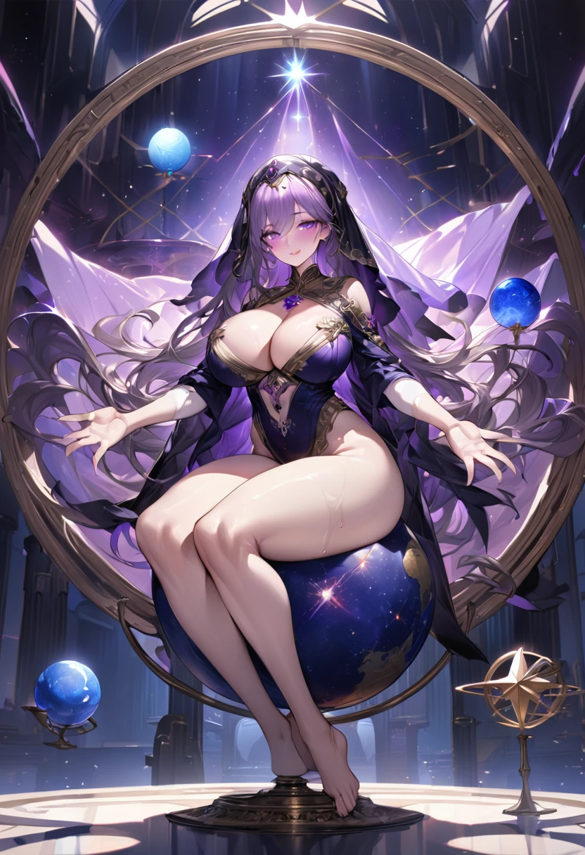 Young beautiful woman,(Highest quality,Extremely detailed depiction,Incredibly absurd high resolution,Anatomically accurate depiction,Two lovely hands, Five perfect fingers,Curvy Legs),(Glowing Skin),(astrologer),Celestial globe,Veil,Purple Eyes,There is cleavage in the chest,A seductive smile,Large Breasts,Glossy Lips,Shadowed face,With arms outstretched,Sweat,whole body,background:A room depicting space,Mysterious atmosphere