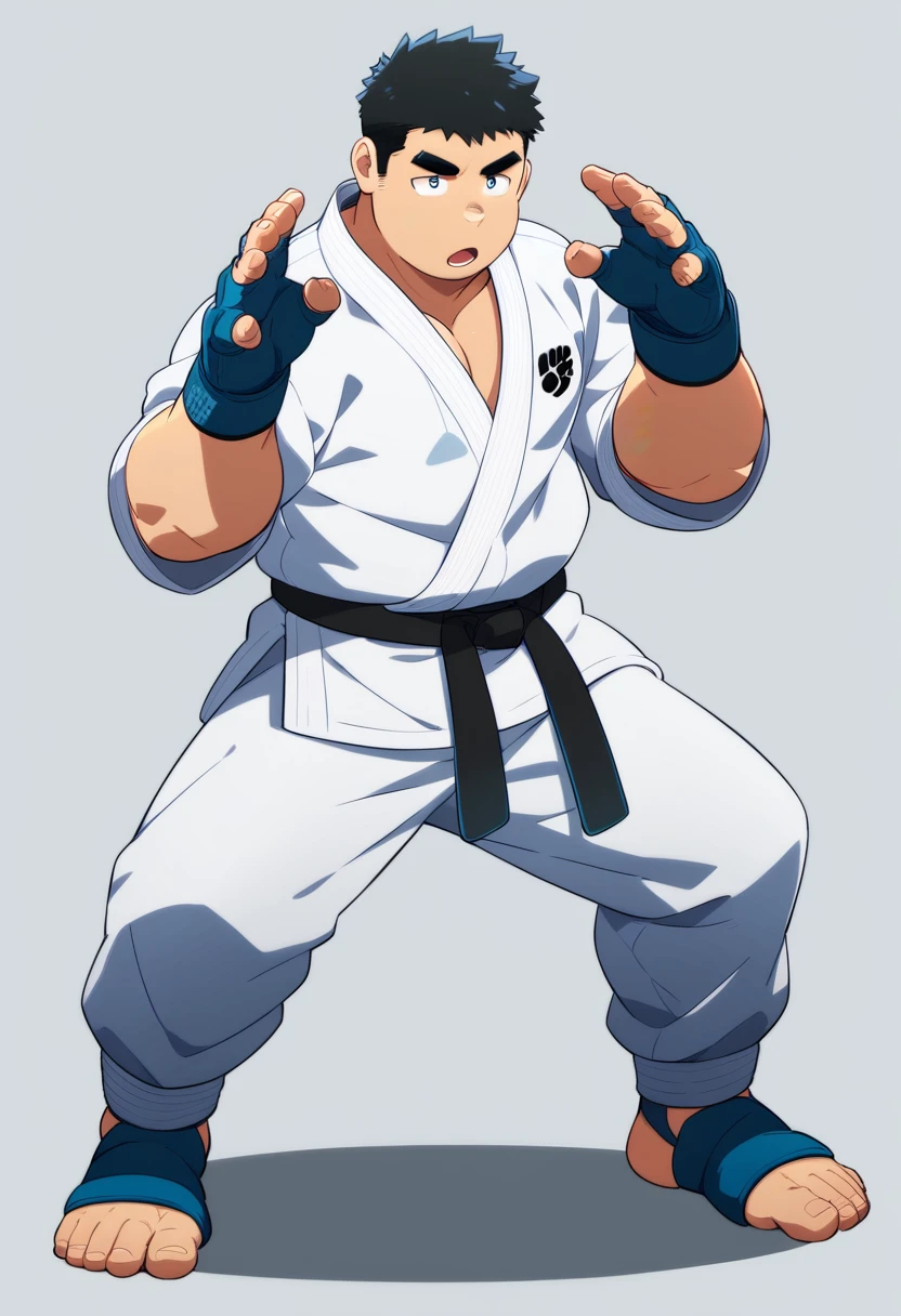 1male, solo, male focus, fighting stance, open mouth, big pupils, black hair, short hair, (plump:1.2), (bara:1.4), stocky, karate gi, black belt, fingerless gloves, toeless legwears. cool, awesome, full body, anime, best quality, amazing aesthetic, high res