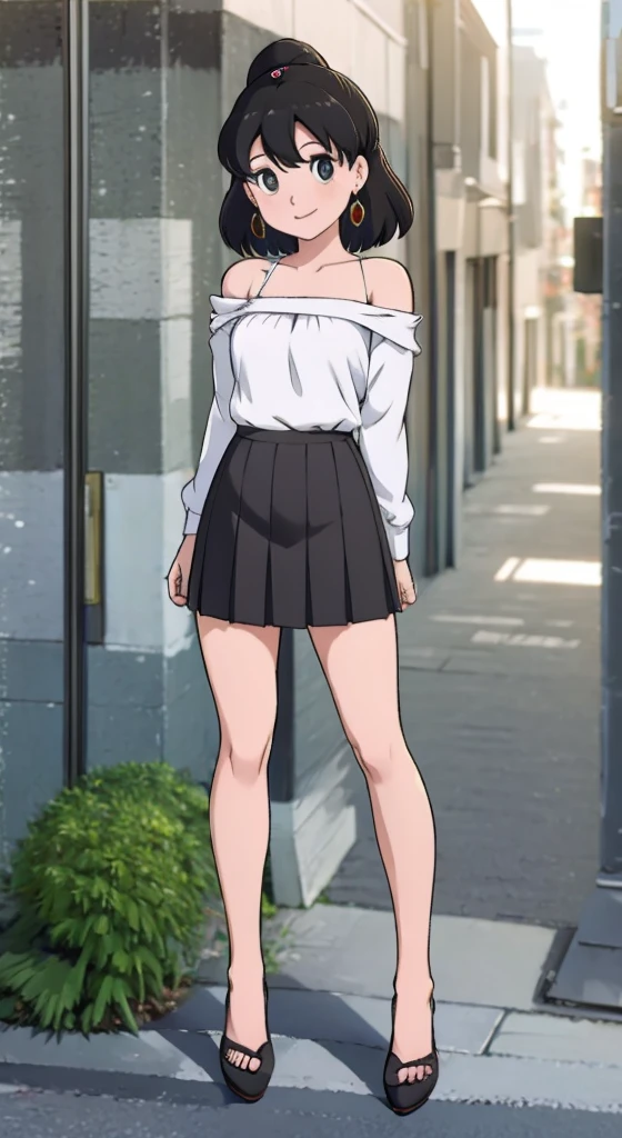 1girl, black_skirt, blue_hair, building, city, cityscape, hair_between_eyes, jacket, looking_at_viewer, medium_hair, multicolored_hair, multiple_boys, night, off_shoulder, outdoors, pleated_skirt, road, shirt, skirt, skyscraper, smile, solo_focus, street, white_shirt