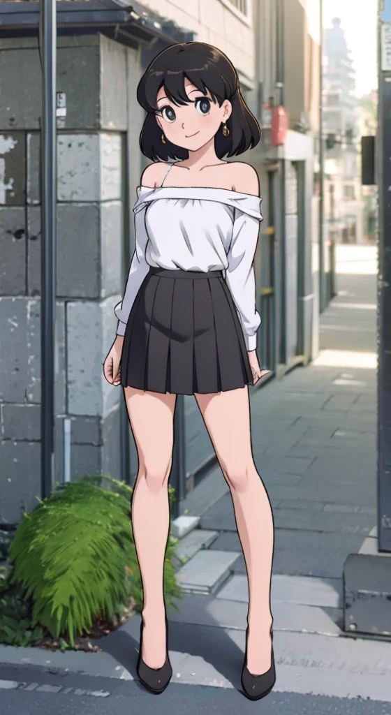 1girl, black_skirt, blue_hair, building, city, cityscape, hair_between_eyes, jacket, looking_at_viewer, medium_hair, multicolored_hair, multiple_boys, night, off_shoulder, outdoors, pleated_skirt, road, shirt, skirt, skyscraper, smile, solo_focus, street, white_shirt