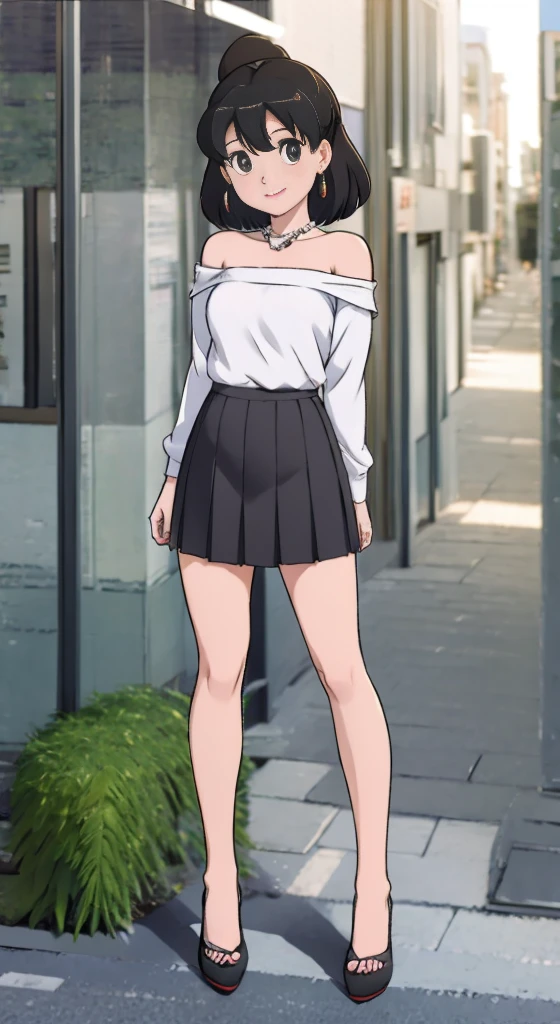 1girl, black_skirt, blue_hair, building, city, cityscape, hair_between_eyes, jacket, looking_at_viewer, medium_hair, multicolored_hair, multiple_boys, night, off_shoulder, outdoors, pleated_skirt, road, shirt, skirt, skyscraper, smile, solo_focus, street, white_shirt