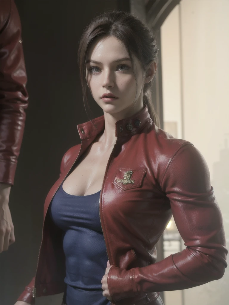 1 girl, (masterpiece:1.2, Best Quality:1.2), ((Claire Redfield, very tall, super beautiful, small head, (muscular woman:1.4)), Resident evil, (Red jacket , blue Trousers), big breasts, (Detailed face, Detailed skin texture)