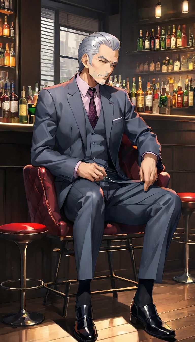 Please generate an image with the following characteristics:。
Style: Modern anime style sex with clean lines and vibrant colors: Male age group: Hairstyles and colors for people in their 60s: Gray Hair、Slicked-back person pose: A man drinking alcohol with a cigarette beside him: Serious gaze: Front clothing and decoration: Muscular、Butler composition: Scenes and situations where you sit in a chair: A corner seat in a dimly lit bar