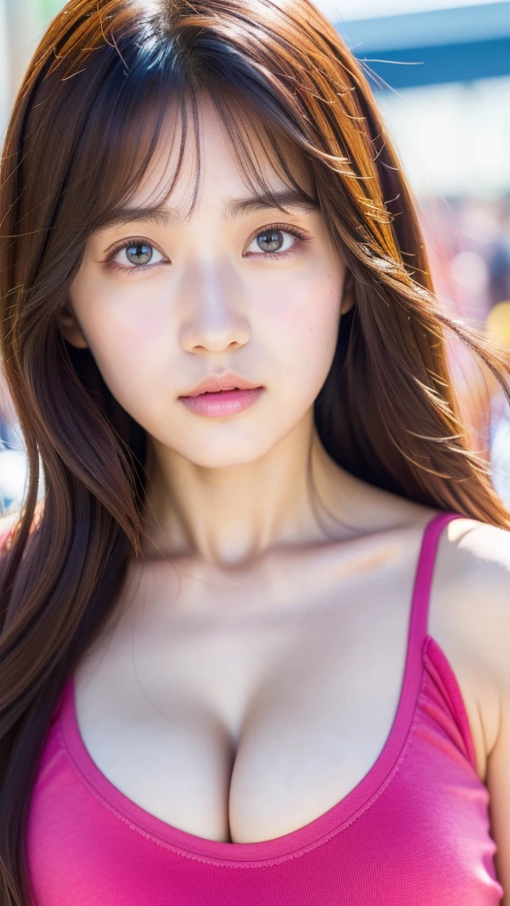 (best quality, 8k, 32k, masterpiece, UHD:1.2), ultra high resolution, (pretty a Korean  girl of 1eautiful detailed eyes, long brown hair, bangs, (wearing magenta tank-top), big breasts, cleavage, portrait, (crowded city boulevard on a bright sunny day:1.2), (detailed background:1.5)