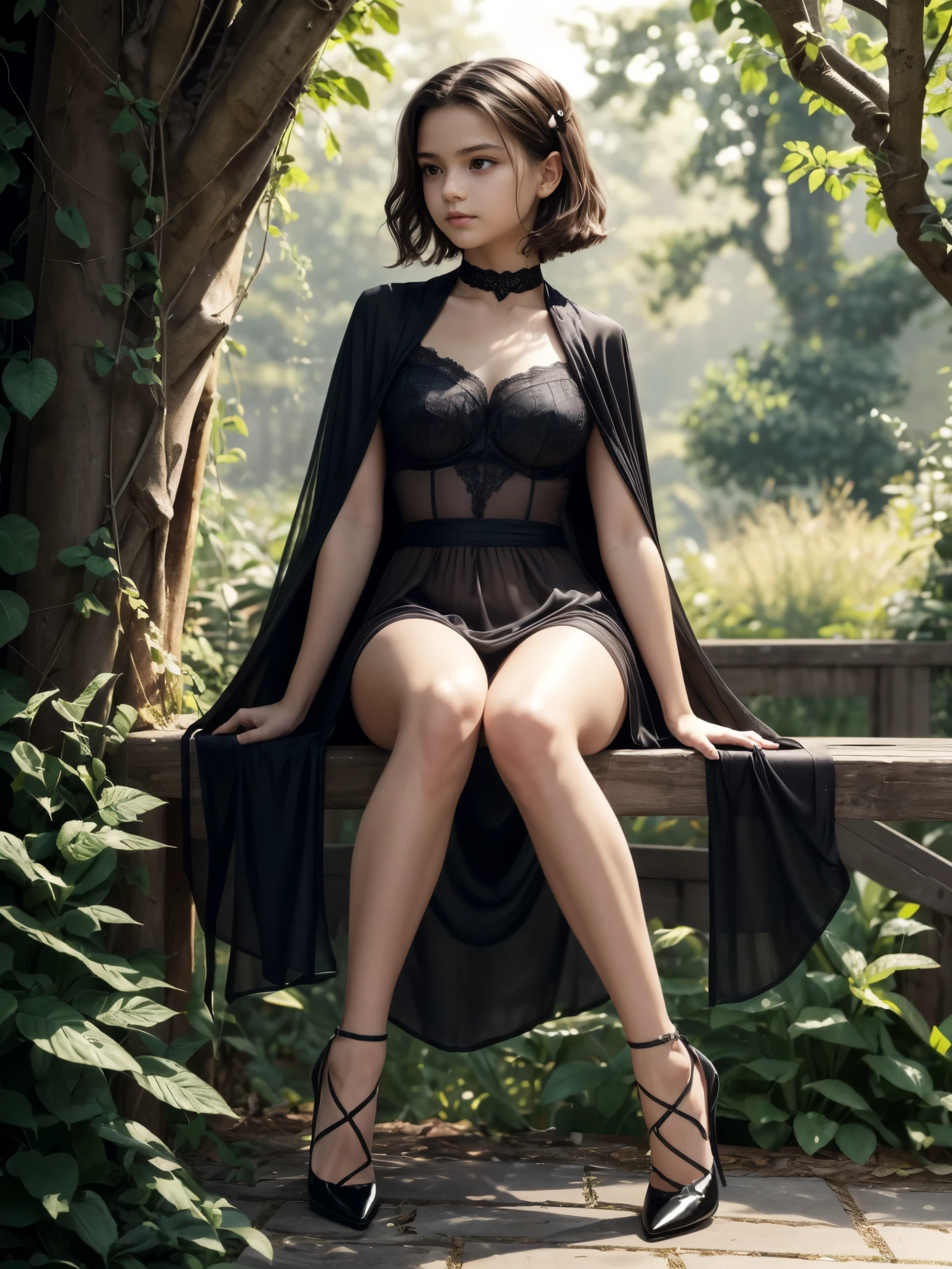 1girl, full body, sitting, high heel pumps, see-through long shawl, see-through cape, (thigh:1.2), detailed face, short bob hair, outdoor, direct sunlight, garden, trees, (highest quality, masterpiece:1.4), sharp focus, (photorealistic, realistic:1.4), light brown hair, fine grain, black lace, black choker, (tweeny, , cute:1.4), (breasts:1.2),