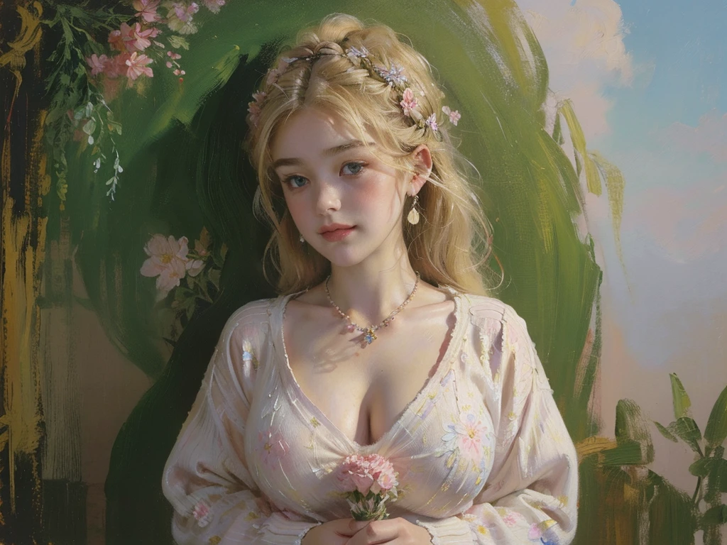 woman, ((18 yo, close-up, portrait, detailed face)) , fit , (young) , beautiful , (((pale skin, wavy blonde hair))), (((tight ornate sweater t-shirt, busty cleavage, dreamy, loving stare, bright magical fairytale fantasy atmosphere, sexy))), flowers in hair, surrounded by flowers, happy, playful, ((large soft heavy breasts)), in love, ((((magical mist energy, hair flower)))), ((blush, pretty, elegant, oil painting, classic painting, cute, youthful, teen, teenager)), ((((tight t-shirt))))