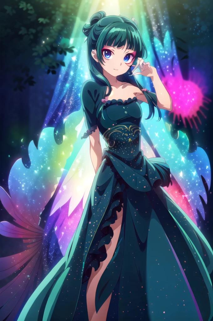 1girl,solo,(cowboy shot),standing,(green hair:1.2),long hair,pig tail,(blue eyes:1.2),(makeup:1.6),(beautiful fingers:1.6),(perfect anatomy:1.6),(arms_behind_back:1.6),(black dress:1.4),(medium breasts:1.4),beautiful breasts,masterpiece,best quality,(Ultra high definition eyes:1.2),8k,(Beautiful detailed eyes:1.2),(Fine and beautiful eyes:1.2),(pretty eyes:1.2),finely detail,extremely CG, absurdres,high resolution,illustration,Detailed and beautiful outlines,finely detail,high resolution,(colorful refraction:1.4,Increase saturation:1.2),beautiful lighting,dynamic lighting,closed room,black background,simple background, smile,looking at viewer,maomao