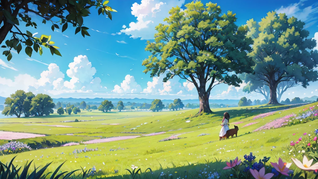 Refreshing grasslands, plateaus, trees swaying in the wind, refreshing blue skies, background only, flying dragons, beautiful flowers here and there