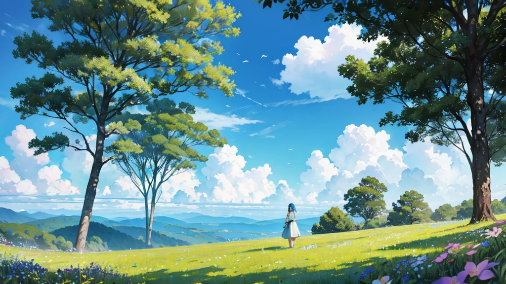 Refreshing grasslands, plateaus, trees swaying in the wind, refreshing blue skies, background only, flying dragons, beautiful flowers here and there