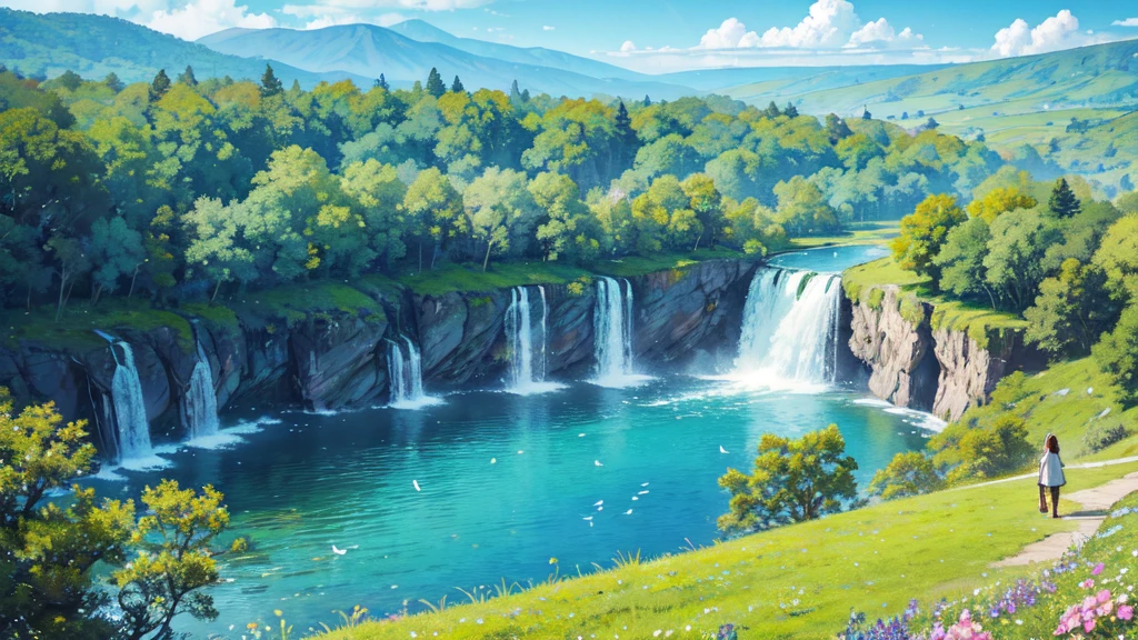 Refreshing grasslands, plateaus, trees swaying in the wind, refreshing blue skies, background only, flying dragons, beautiful flowers here and there