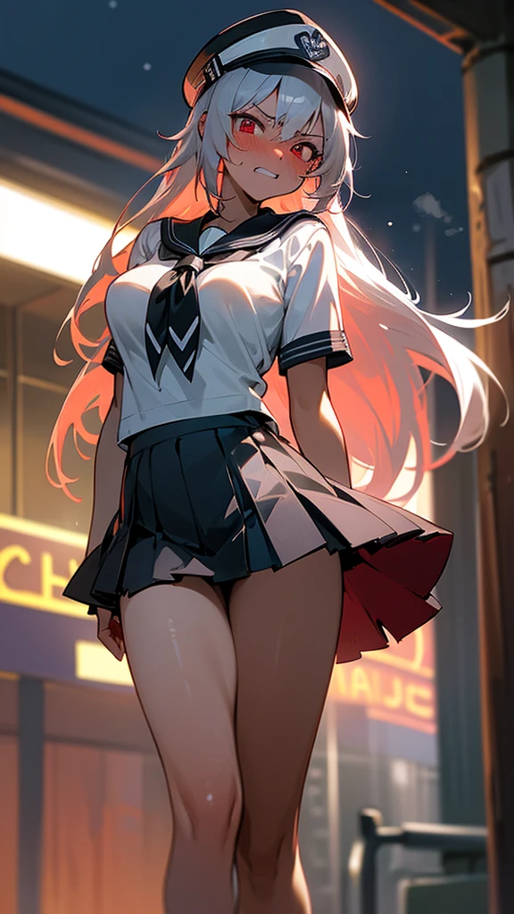 1 girl, masterpiece, Highest quality, ultra detailed, CG unity 8k, Cinema Lighting, Lens flare, ultra detailed eyes, sexy, big breast, young adult, dark skin, finely red eyes, wild long hair, silver hair color, , short sleeve suit , , sailor suit, mini skirt, Street Dance, Executing a high kick , Trucker Hat , night, city streets, scars, blushing, , evil smile, evil grin, (sharp eye:1.2),(scowl:1.1), (stare at viewer:1.5), (embarrassed,blush:1.3), ,nsfw,(ecstasy:1.3) ,(slut:1.2),(vulgarity:1.3),(fucked silly:1.1),(steam:1.1),(wet:0.8),(drooling:0.6),(sweat:0.8), from below,