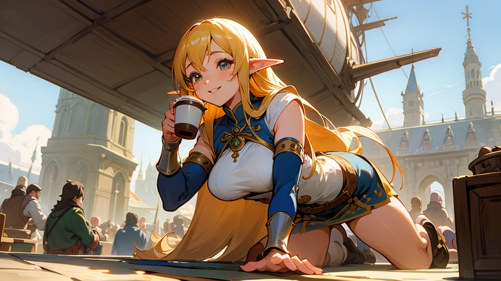 Anime Style,Nostalgic,Detailed background,The medieval world,A lively airship with lots of people,Smiling bard beautiful elf girl holding coffee,Large Breasts,Healthy thighs,Underarm,On all fours