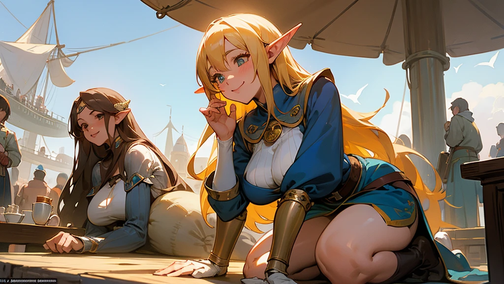 Anime Style,Nostalgic,Detailed background,The medieval world,A lively airship with lots of people,Smiling bard beautiful elf girl holding coffee,Large Breasts,Healthy thighs,Underarm,On all fours