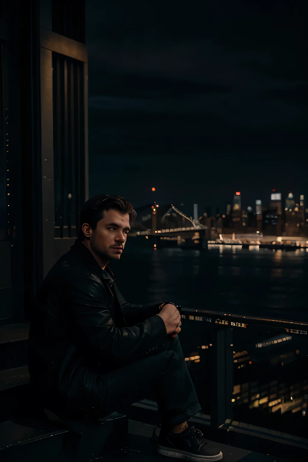 a man sitting on stairs appreciating the night view of new york city, detailed cityscape, detailed architecture, warm lighting, glowing city lights, cinematic, dramatic lighting, moody atmosphere, realistic, photorealistic, masterpiece, highres, best quality, 8k