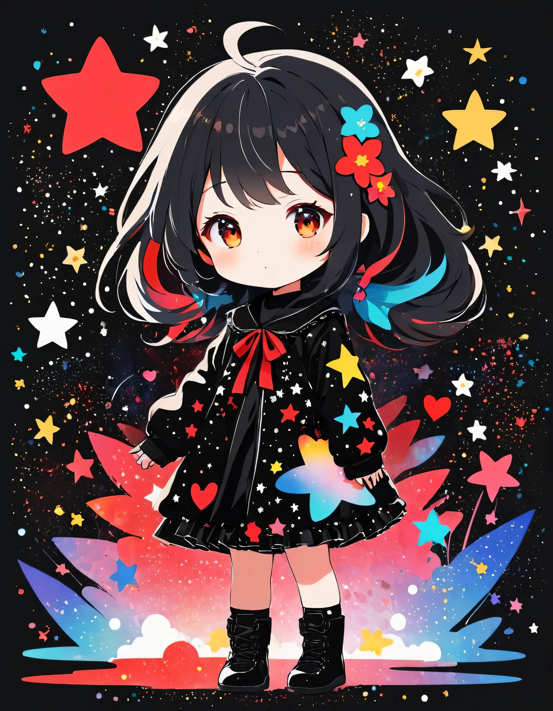 Black Star Red and White style, Simple Line Initialism，Abstract art，Kawaii Design, The most beautiful girl of all time、chibi, The background is star dust, colorful hearts, colorful flowers, Cute Aliens