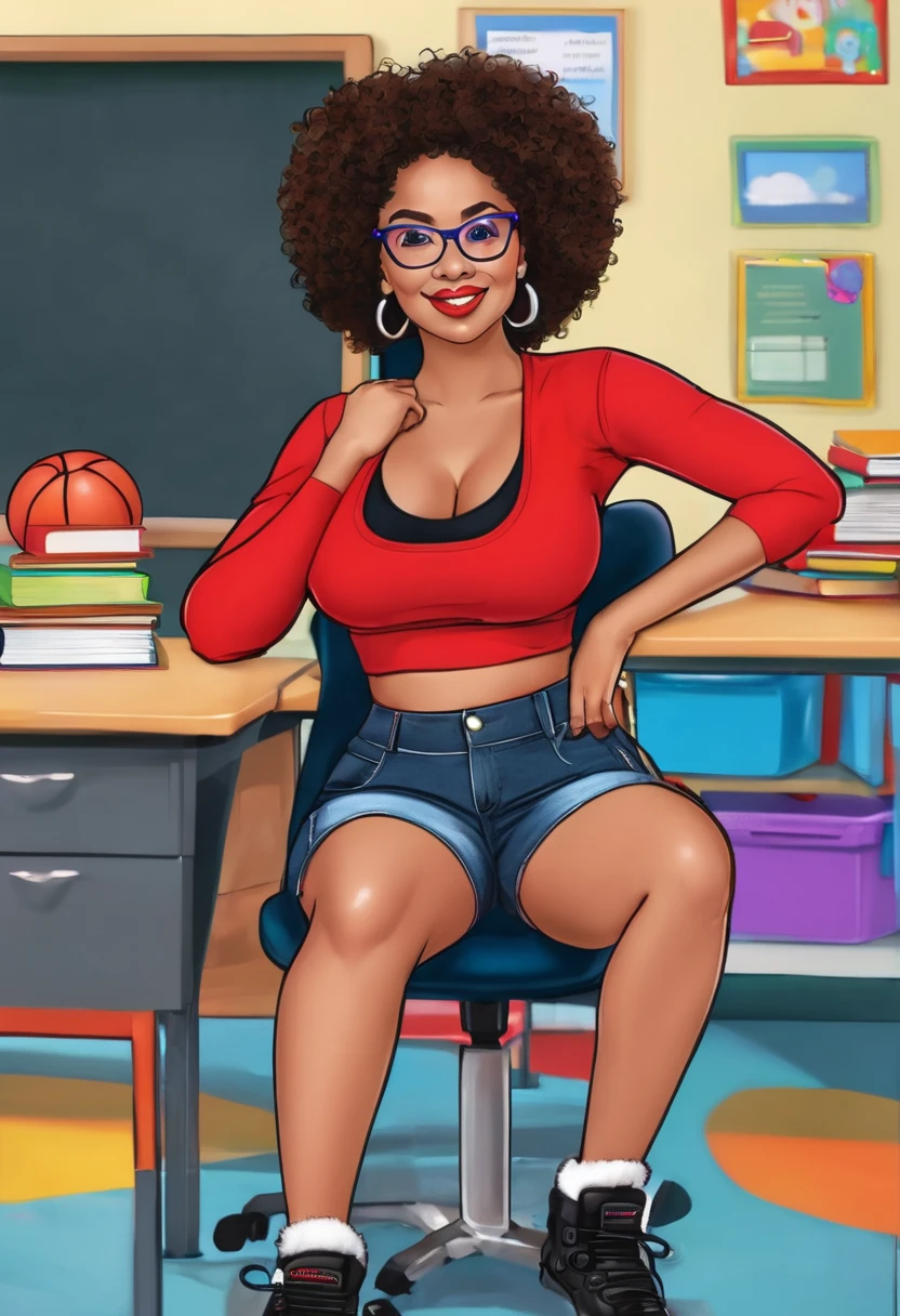 Light skinned African American women, fluffy big curly afto, glasses, cute face card, big mommy milker tits, Juicy fat ass, wearing bright red bra, and black colored biker shorts, at elementary school with kids sitting in desk