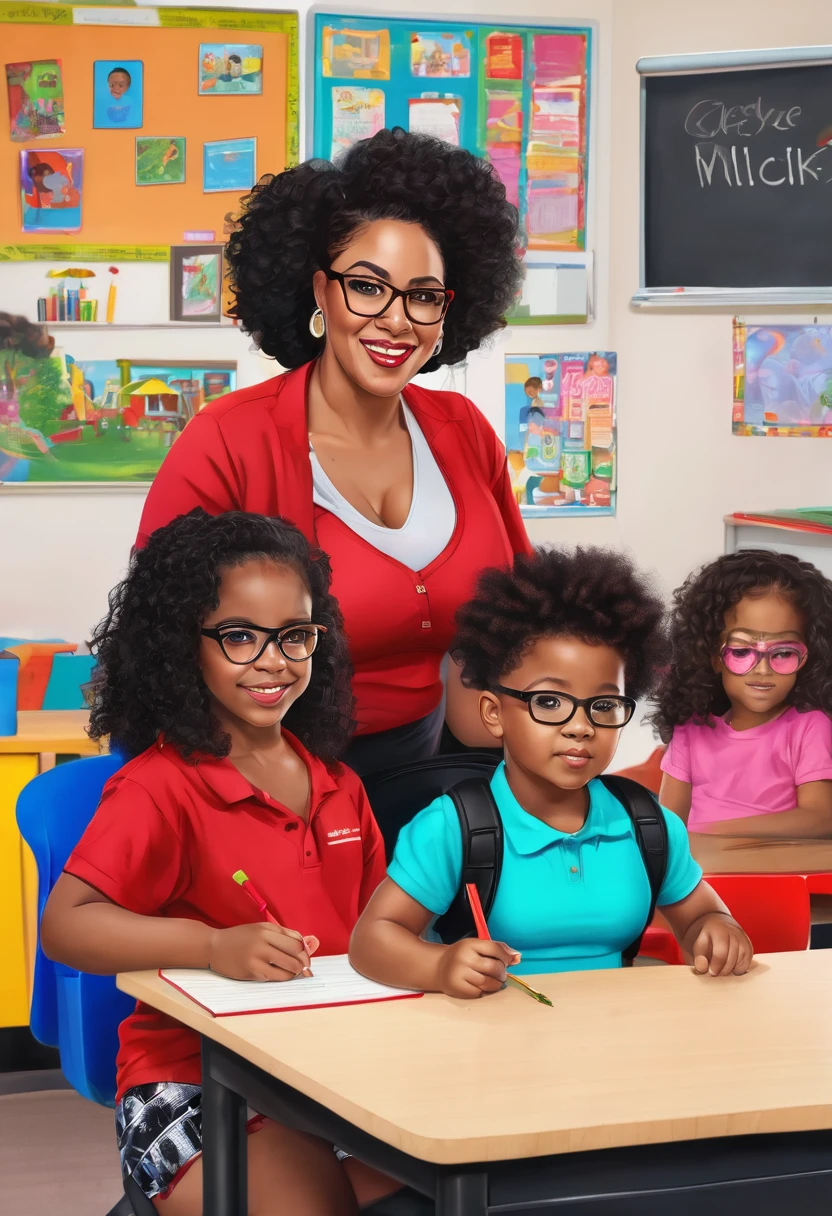 Light skinned African American women, fluffy big curly afto, glasses, cute face card, big mommy milker tits, Juicy fat ass, wearing bright red bra, and black colored biker shorts, at elementary school with kids sitting in desk