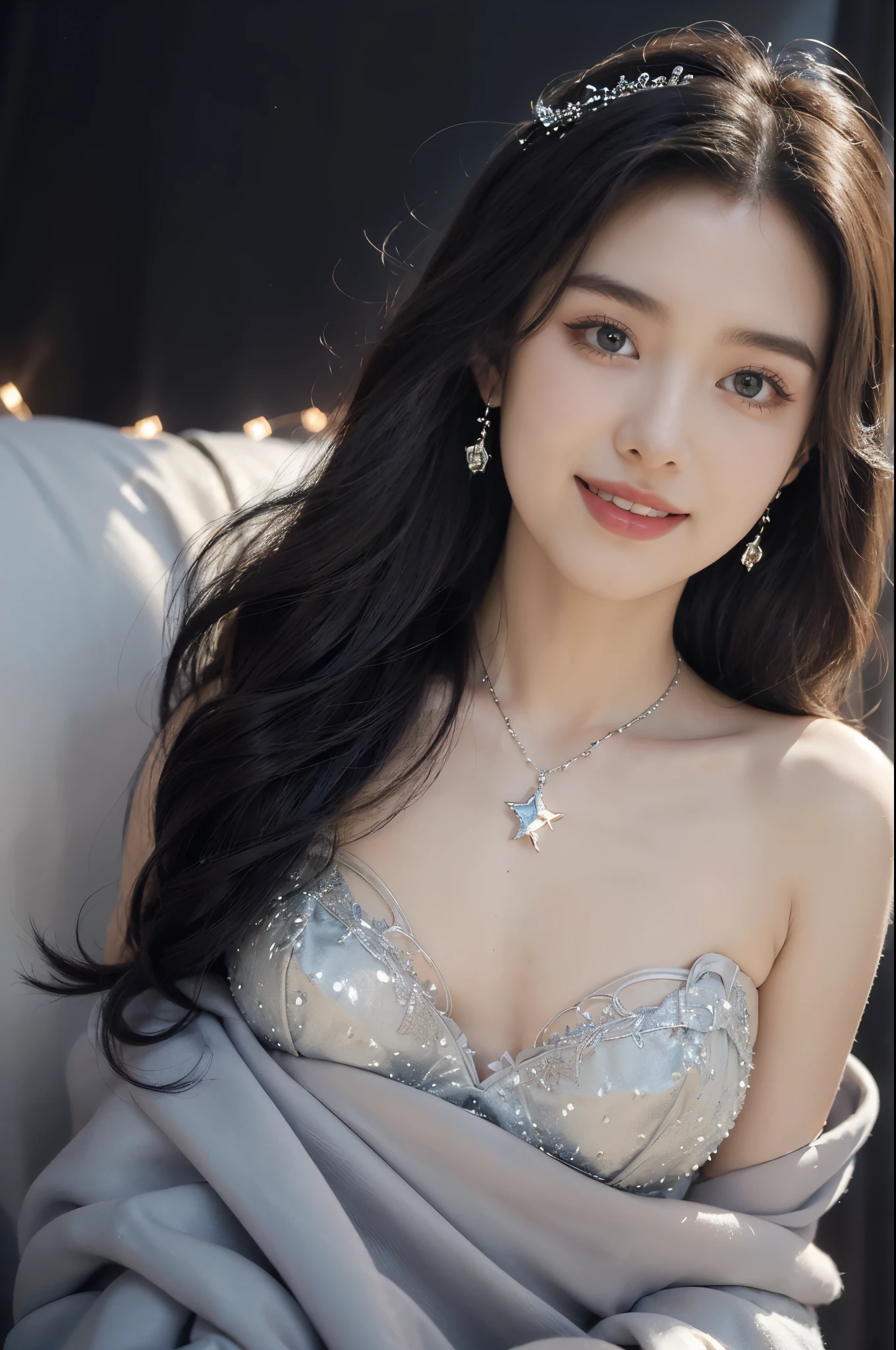 (((best quality))),(((ultra detailed))),(((masterpiece))),illustration,((A beautiful female astrologer,solo)),((slim,thin)),((small breasts,flat chest)),((shoulder length straight bob hair)),(laughing:1.2),(earrings,necklace),(strapless sparkled sheer bra:1.3),standing beneath a magical summer night, stars twinkling in the velvety darkness,starry sky, sapphire eyes filled with wonder, flowing ethereal gown mimicking the stars, silver pendant shaped like a horoscope,serene smile and captivating gaze, celestial beauty and mystery, solace and inspiration in the vast expanse of the universe,((from front,close-up of face))