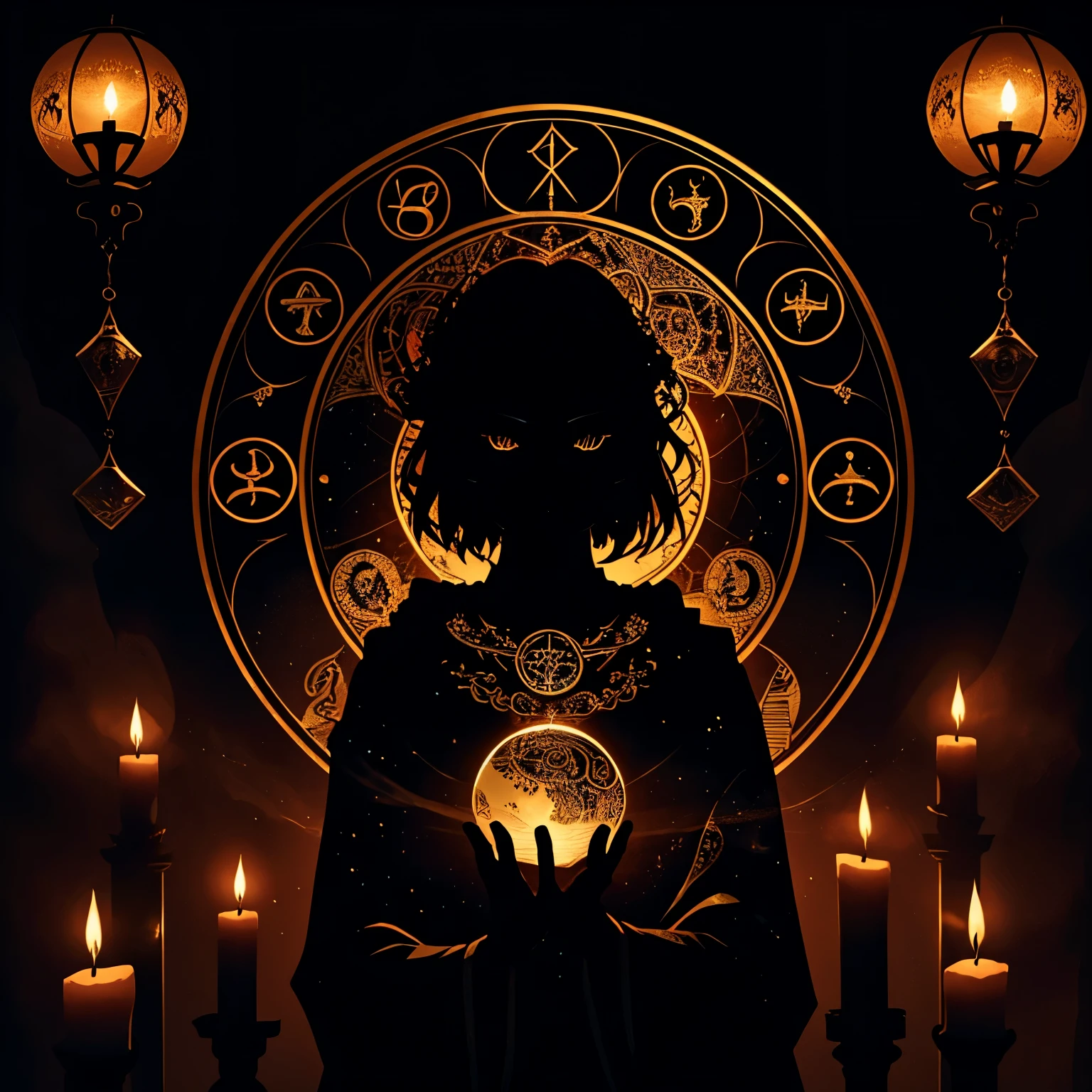 a female astrologist divining in an occult divination chamber, horoscope floating in the room, (silhouette art), cinematic lighting, highly detailed, 8K, photorealistic, dramatic lighting, moody atmosphere, rich colors, mystical, occult, esoteric, elegant, intricate details, magical, dark fantasy, mysticism, spirituality, fortune telling, divination, astrology, crystal ball, tarot cards, incense, candles, dark interior, ornate decor, dramatic shadows