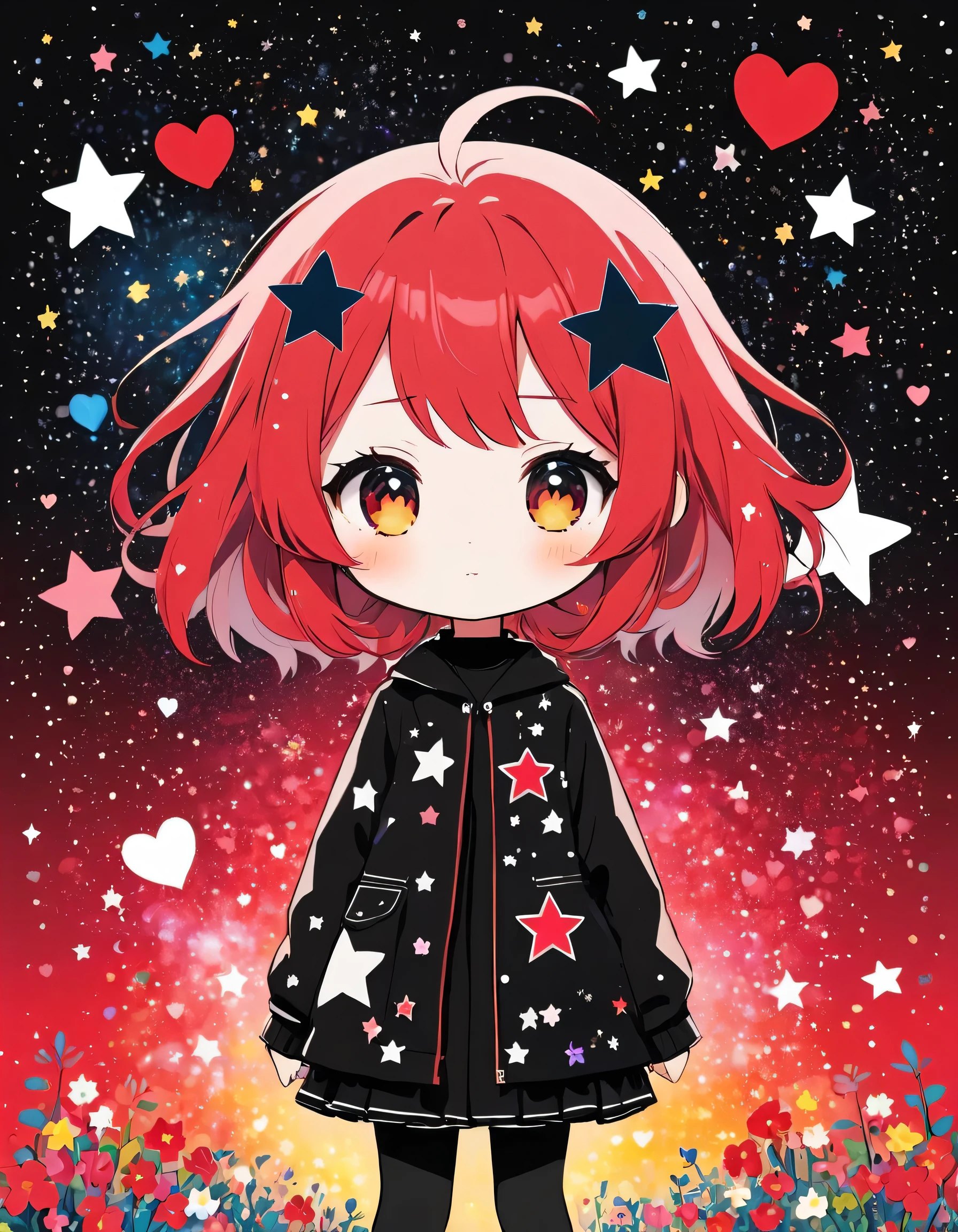 Black Star Red and White style, Simple Line Initialism，Abstract art，Kawaii Design, The most beautiful girl of all time、chibi, The background is star dust, colorful hearts, colorful flowers, Cute Aliens