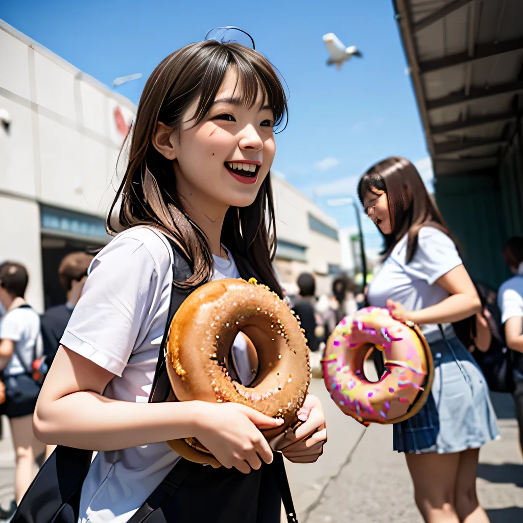 RAW photo, 8K, realistic, masterpiece, (1girl),18yo, plump, laugh, (huge donut is above of girl:1.3), crowded school