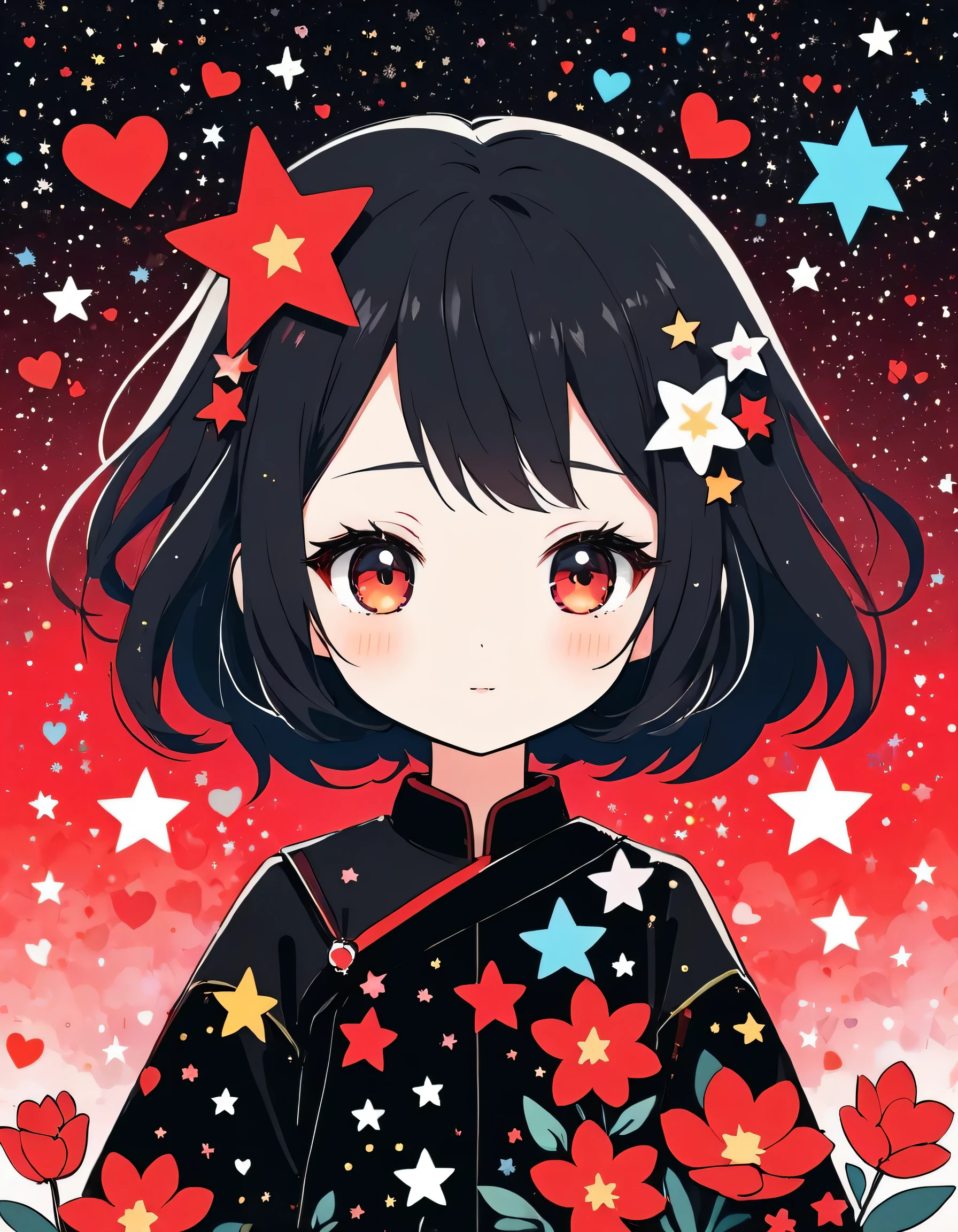 Black Star Red and White style, Simple Line Initialism,Abstract art,Kawaii Design, The most beautiful girl of all time、chibi, The background is star dust, colorful hearts, colorful flowers, Cute Aliens
