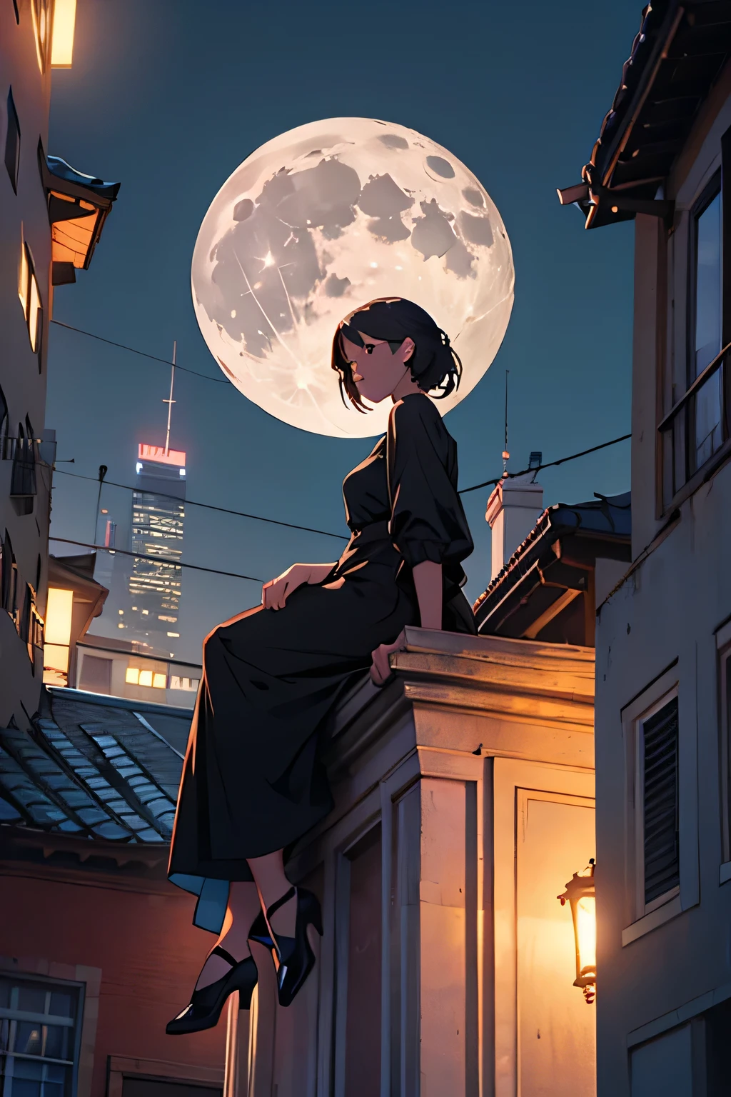 GIRL LOOKING AT THE FULL MOON ON TOP OF A BUILDING 