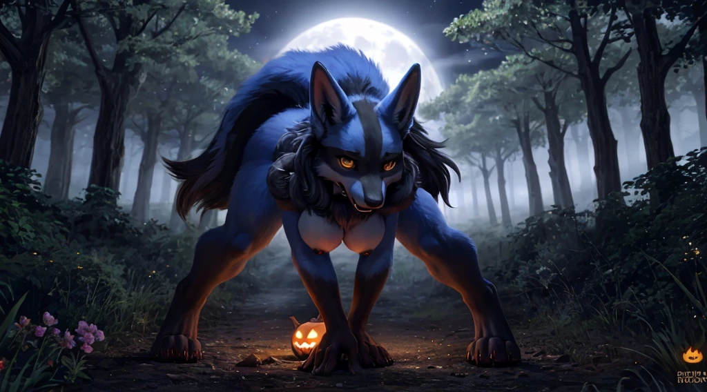 photorealistic, detailed background, spooky forest, misty night, full moon illuminating the scene, outdoor, Halloween theme, hanging bats, female Lucario character standing, (elegant and curvaceous figure), (sleek blue fur), (striking yellow eyes:1.2), clawed paws, pink paw pads, long pointed ears, (sharp fangs:1.1), scary yet alluring aura, breasts, genitals, nude, determined expression