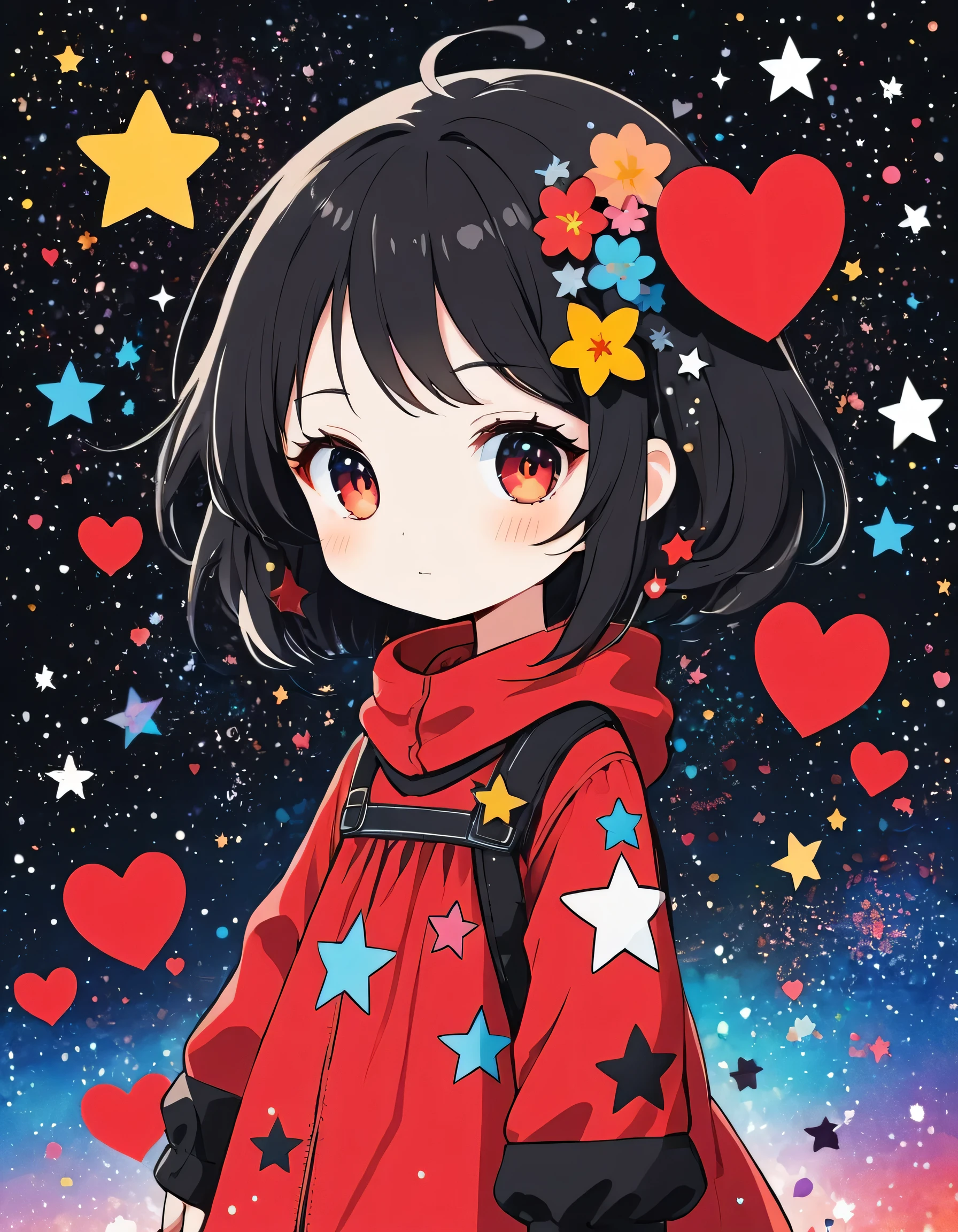Black Star Red and White style, Simple Line Initialism,Abstract art,Kawaii Design, The most beautiful girl of all time、chibi, The background is star dust, colorful hearts, colorful flowers, Cute Aliens